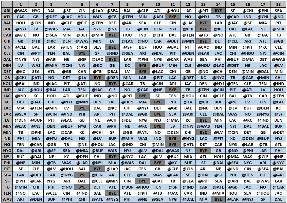 2023 NFL Schedule Team Grid