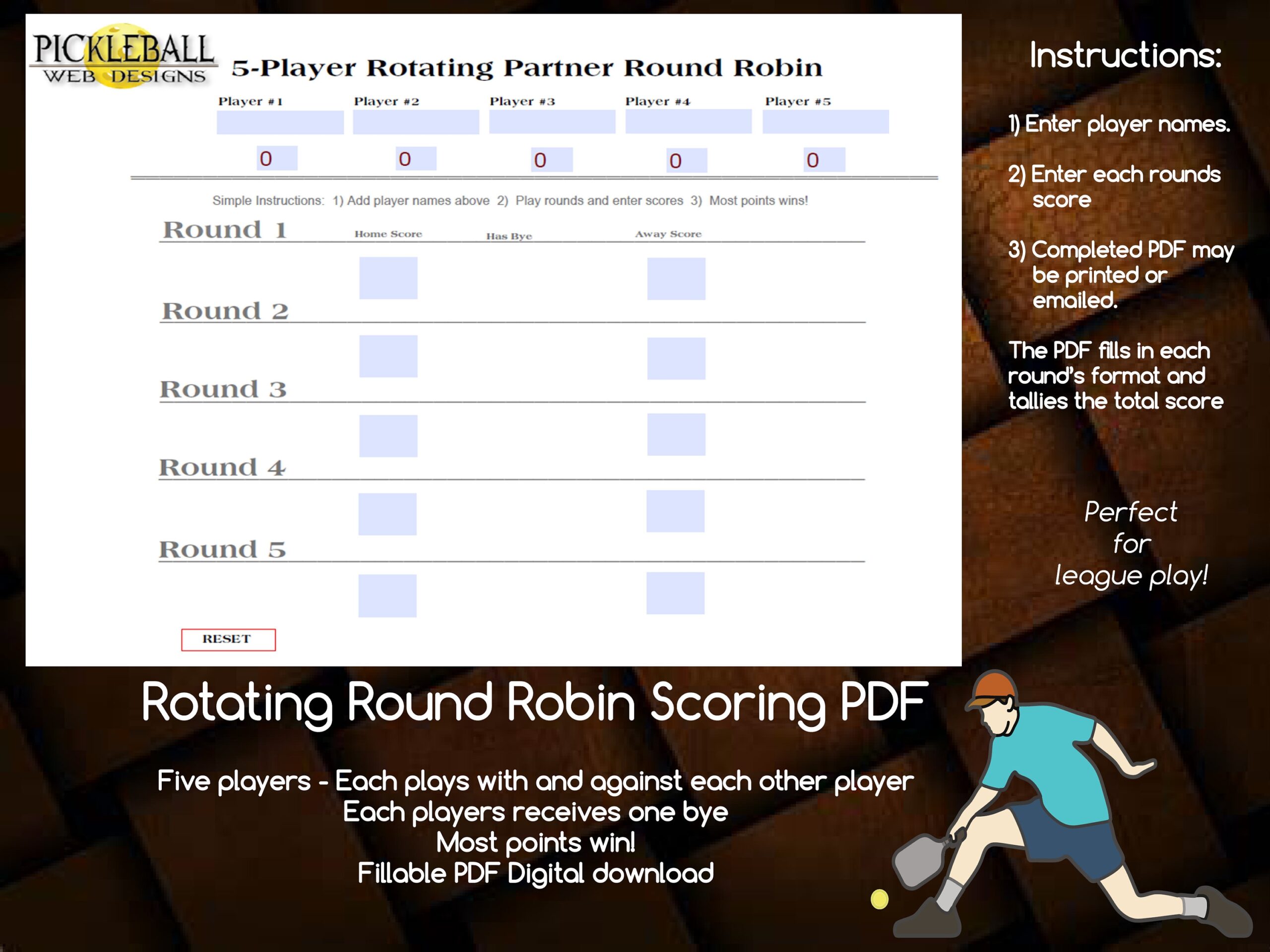 5 Player Rotating Round Robin Scoring PDF fillable 