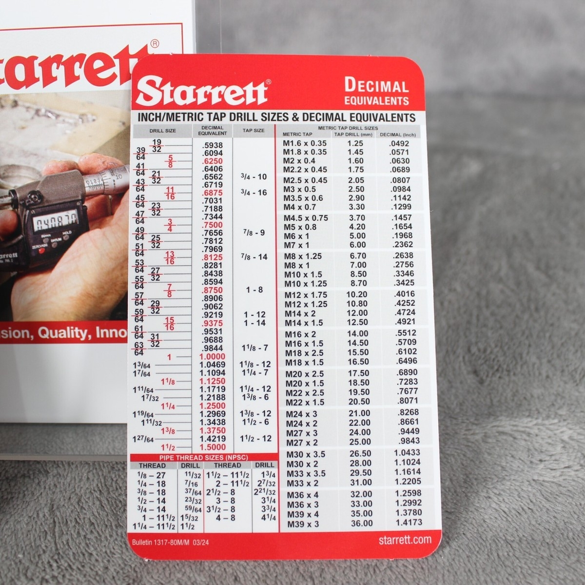 7 Pack STARRETT Tap Drill Size Chart Decimal U0026 Metric Equivalent Pocket Cards