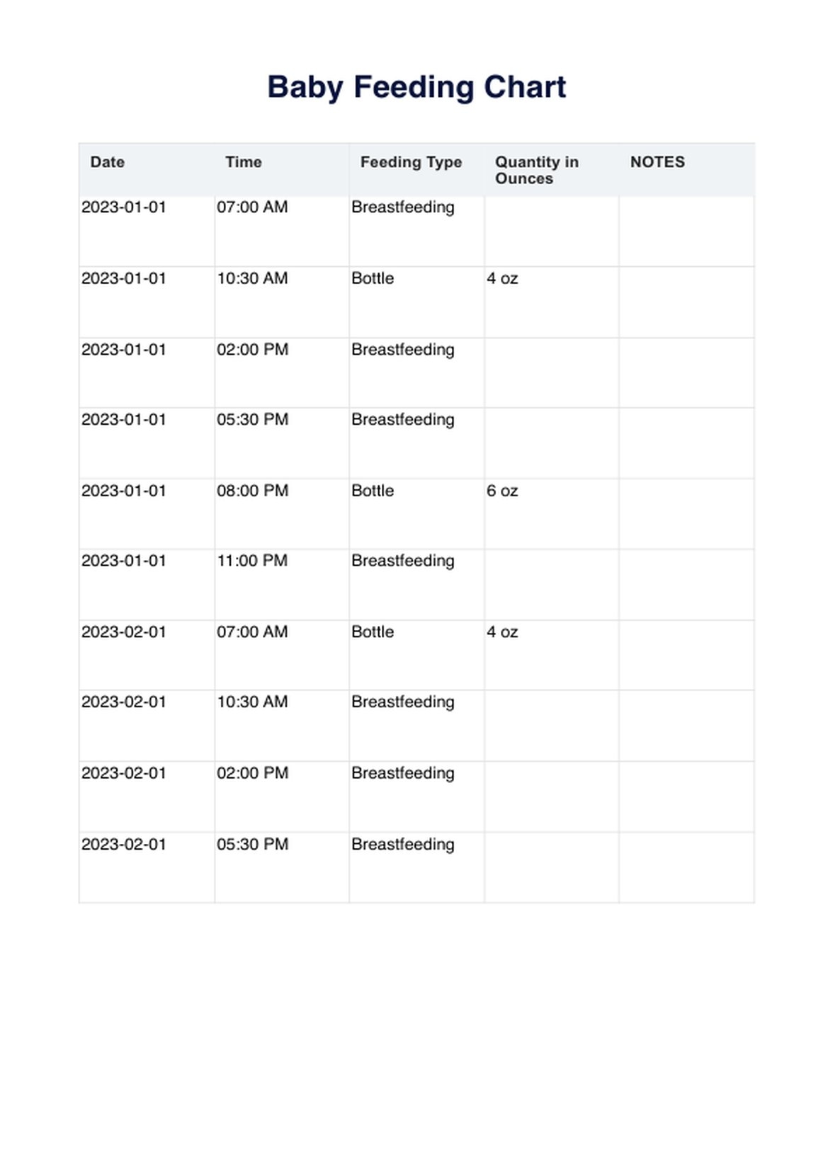 Baby Feeding Chart U0026 Example Free PDF Download