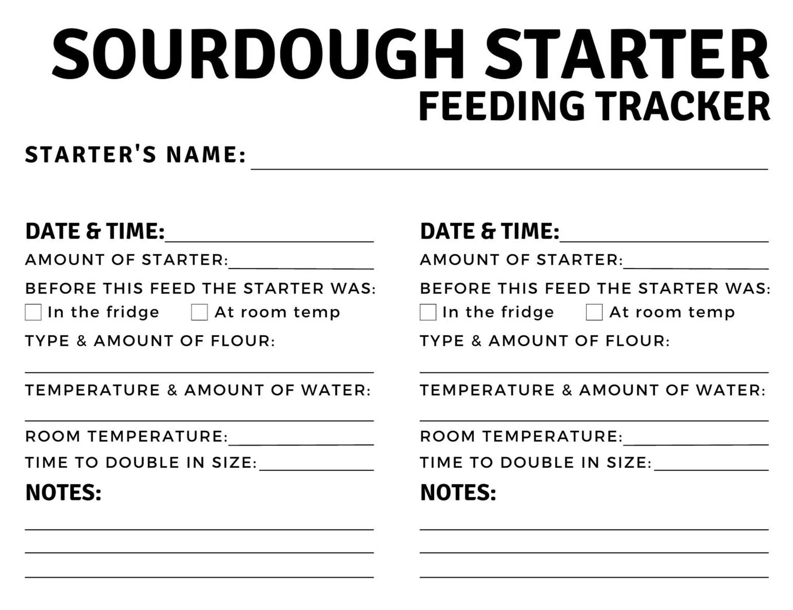 Beginner Sourdough Starter Feeding Tracker Printable Digital 