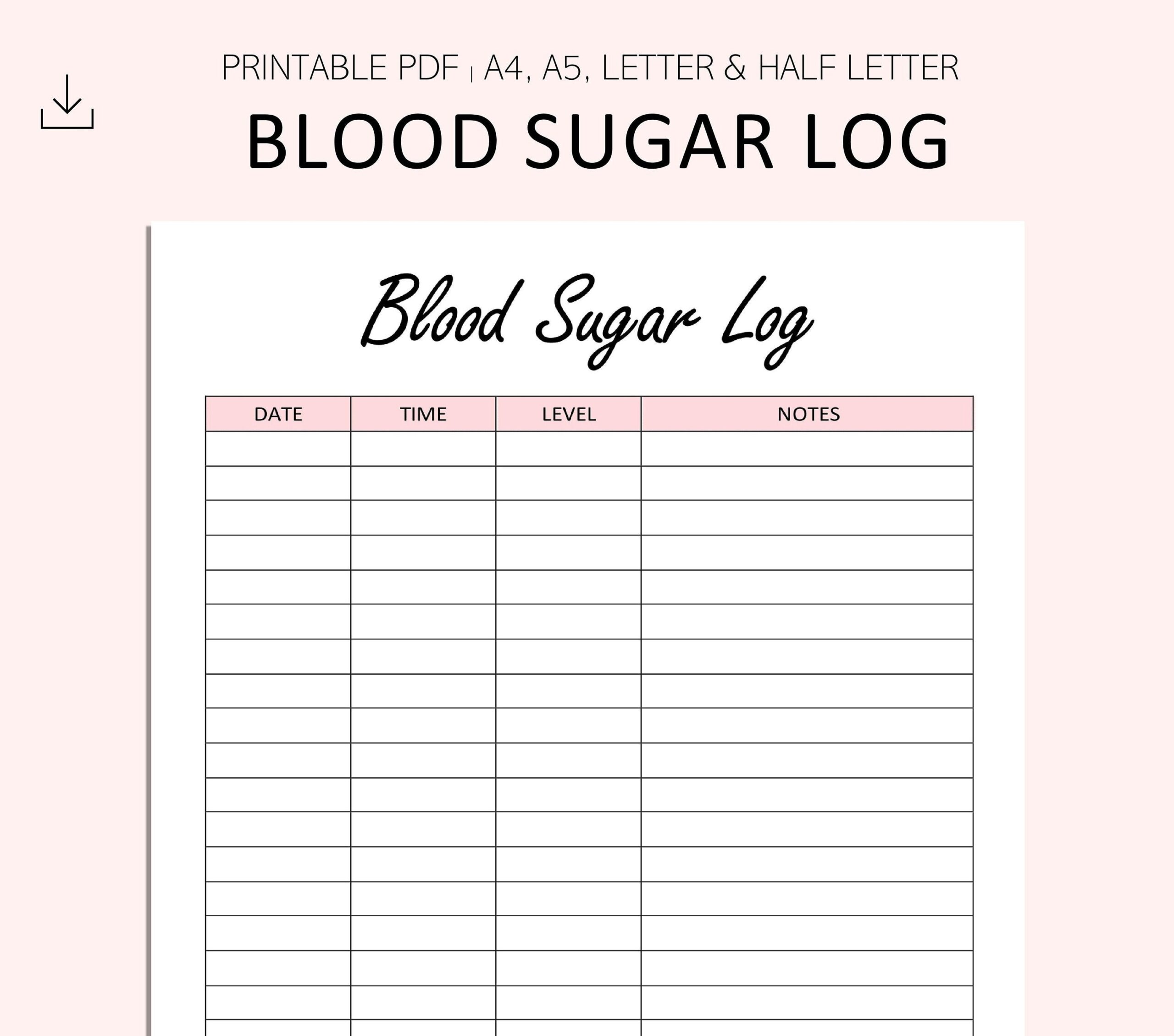 Blood Sugar Log Printable Blood Sugar Reading Tracker Blood Glucose Tracker Diabetes Printable PDF A4 A5 Letter Half Letter Etsy