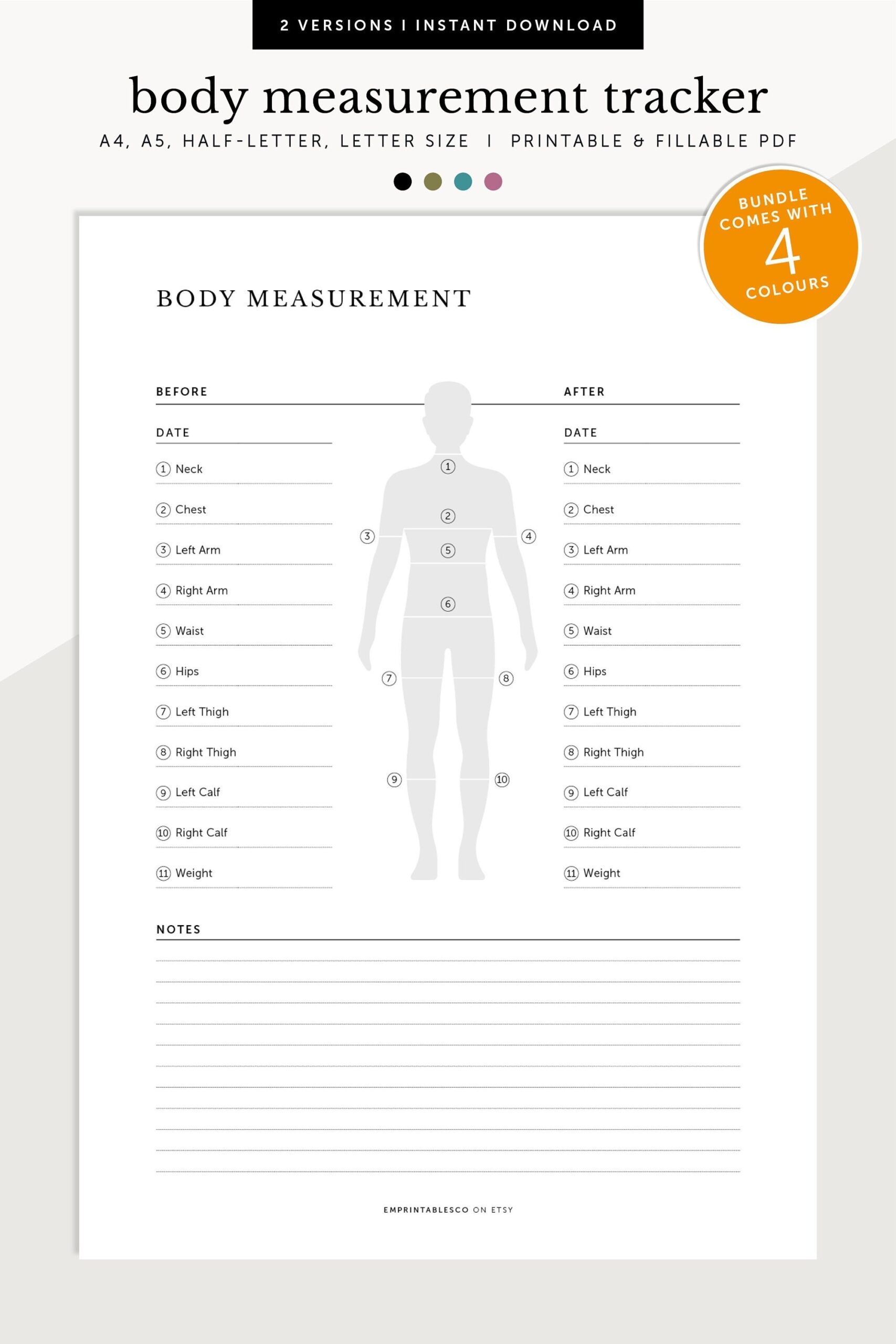 Body Measurement Tracker Printable Measurement Log Weight Tracker Body Progress Update Fillable U0026 Printable A4 a5 letter half Size Etsy