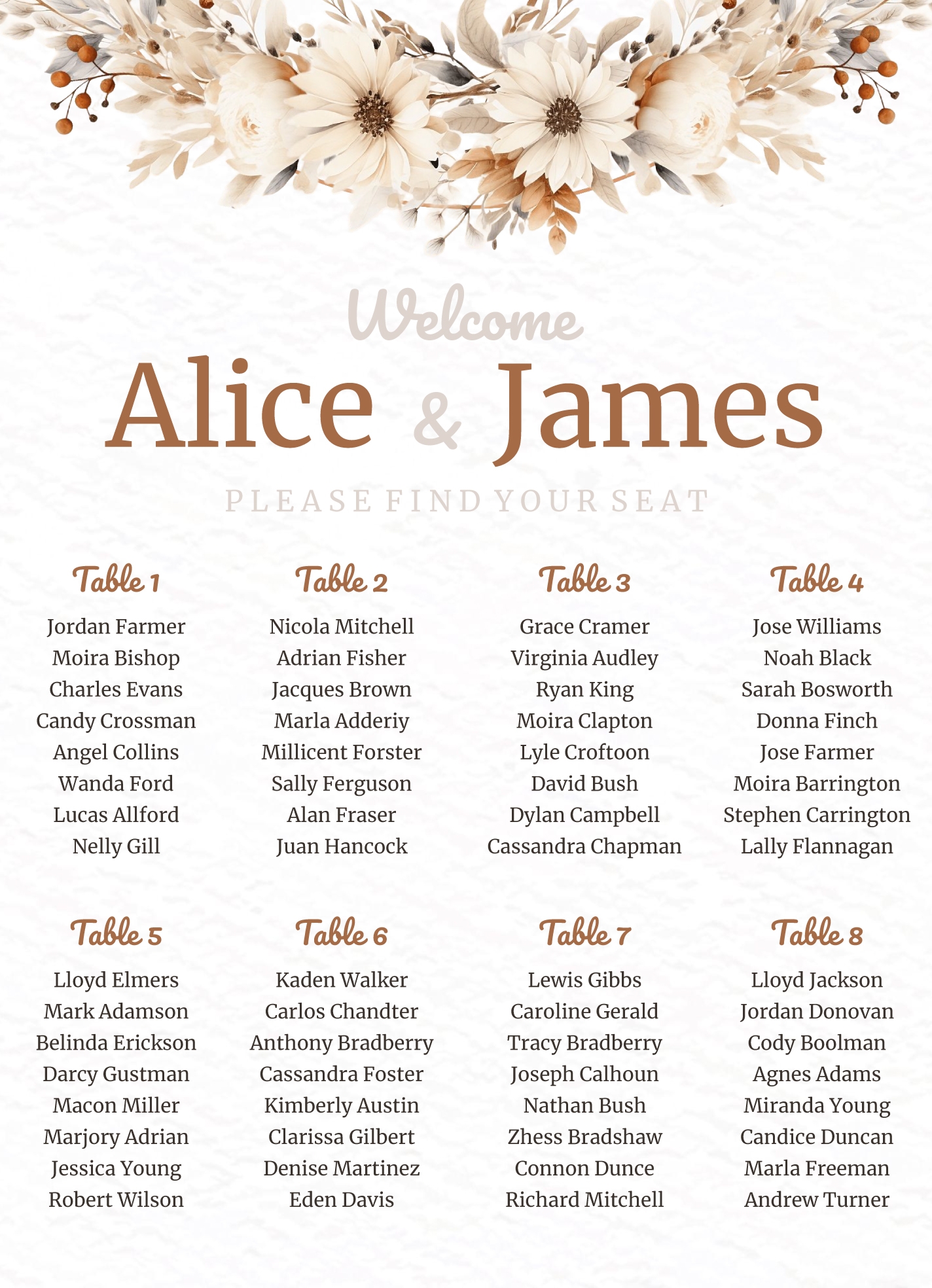 Seating Chart Wedding Printable