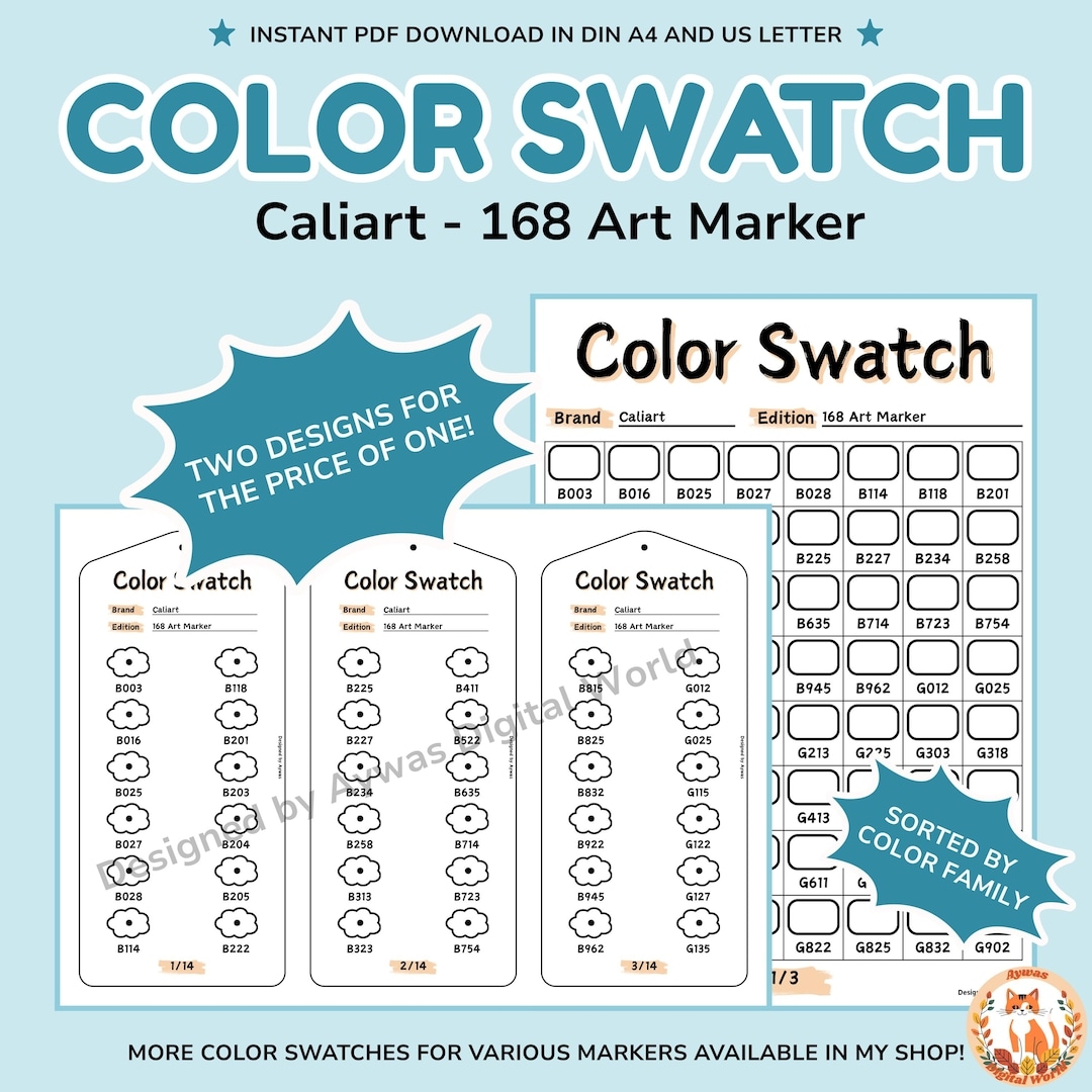 Caliart 168 Art Marker Color Swatch Chart Cloud Grid Designs Printable PDF DIN A4 US Letter Sizes Instant Download Etsy