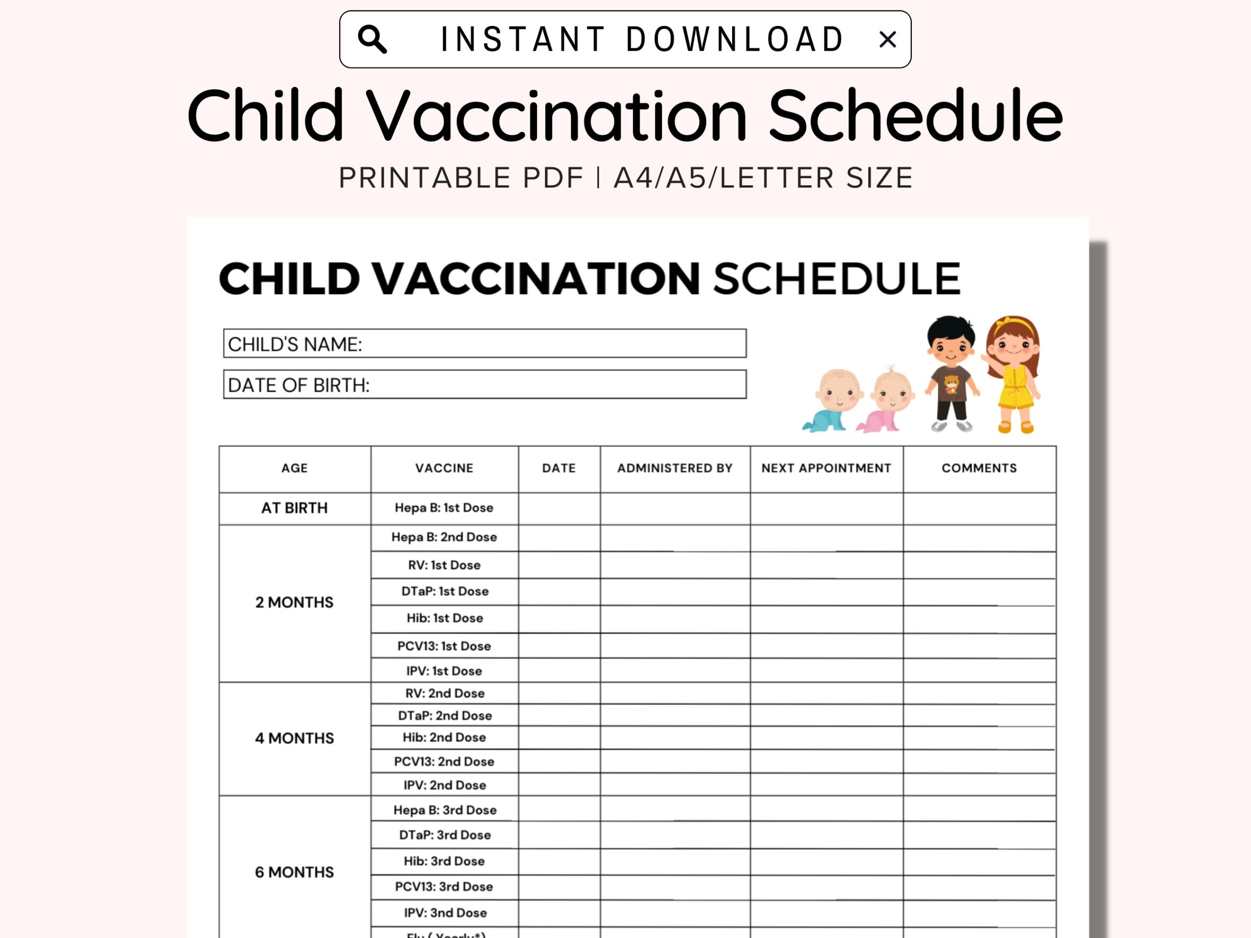 Child Vaccination Schedule Printable Immunization Record Vaccine 