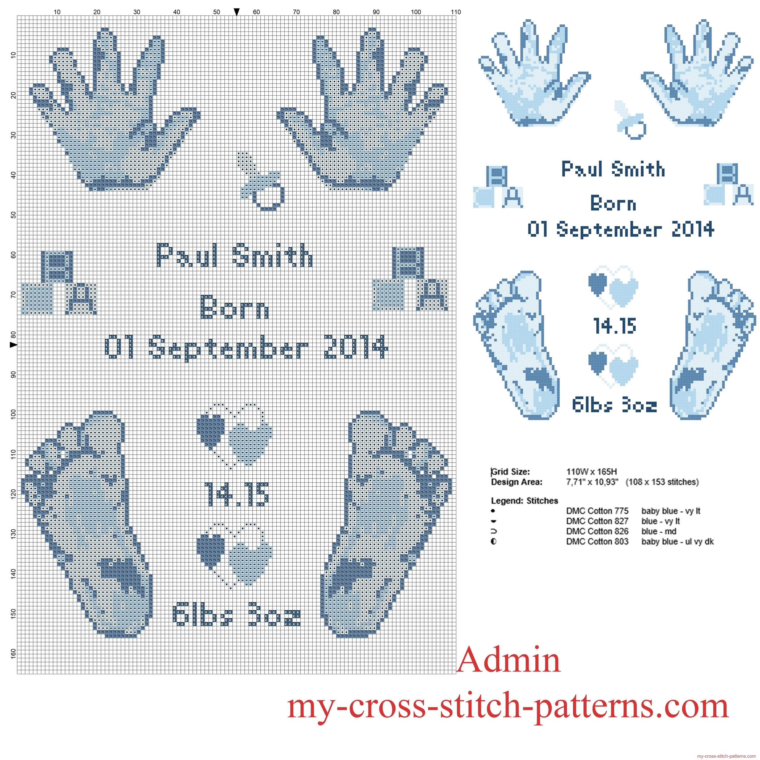 Cross Stitch Pattern Birth Record Male Baby Feet And Hands Prints 