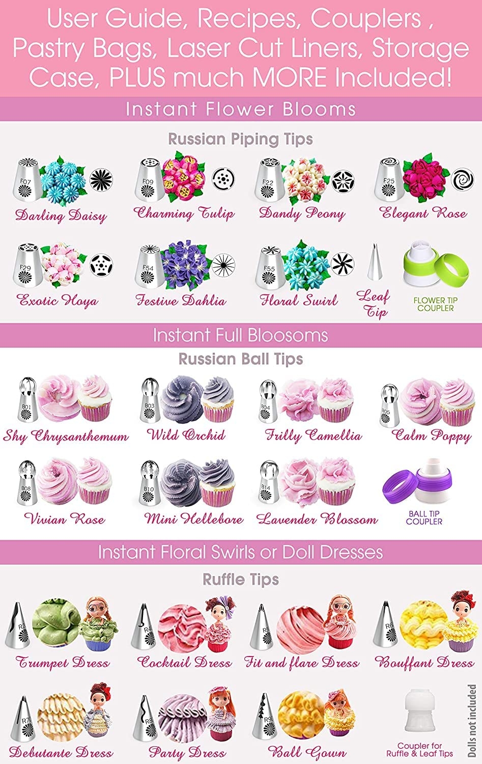 CUPCAKE RUSSIAN PIPING TIPS SET Best 69pc Edible Flowers Cake Decorating Kit Large Frosting Nozzles Bonus Icing Pastry Bags Extra Couplers 