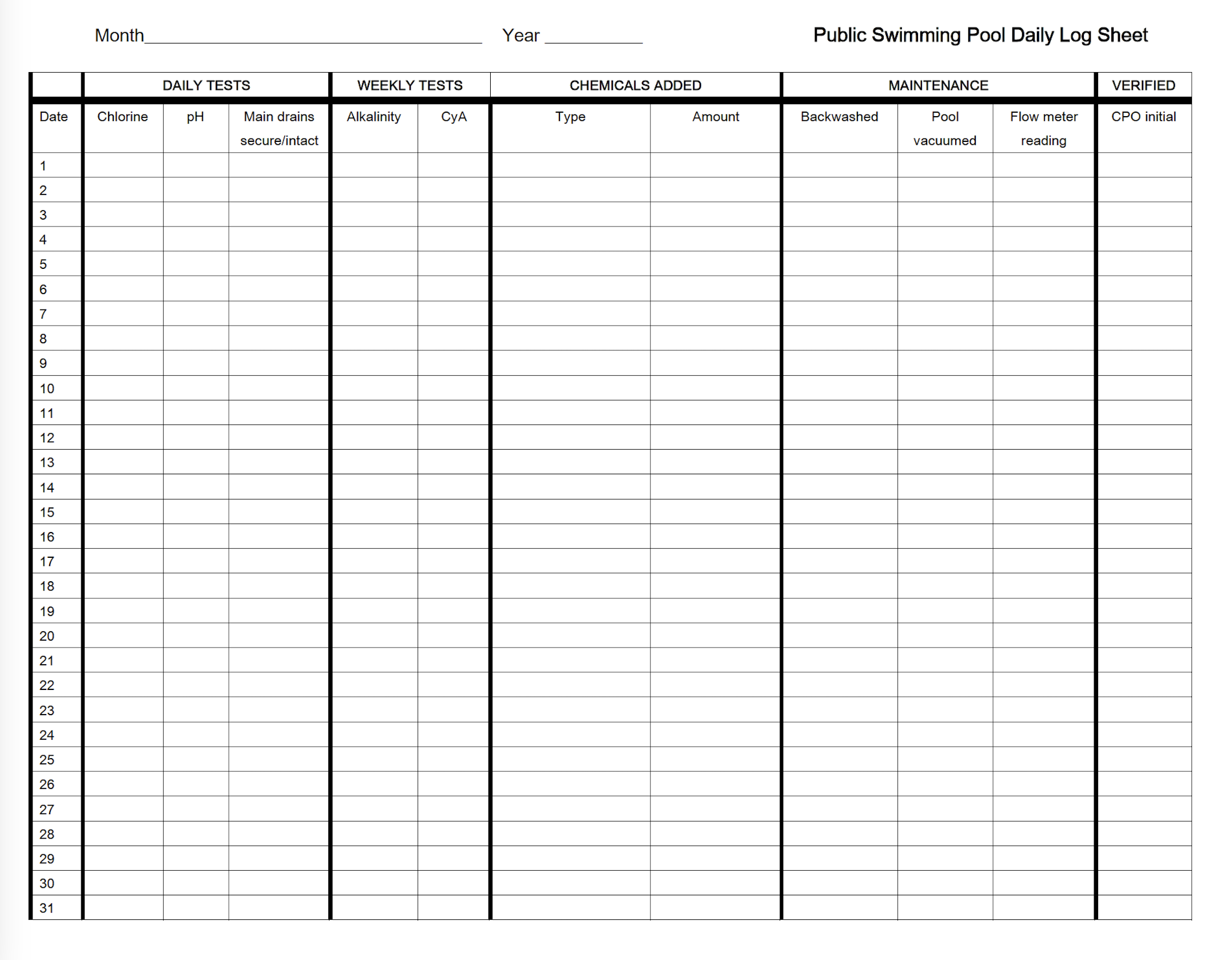 Daily Pool Log Sheets