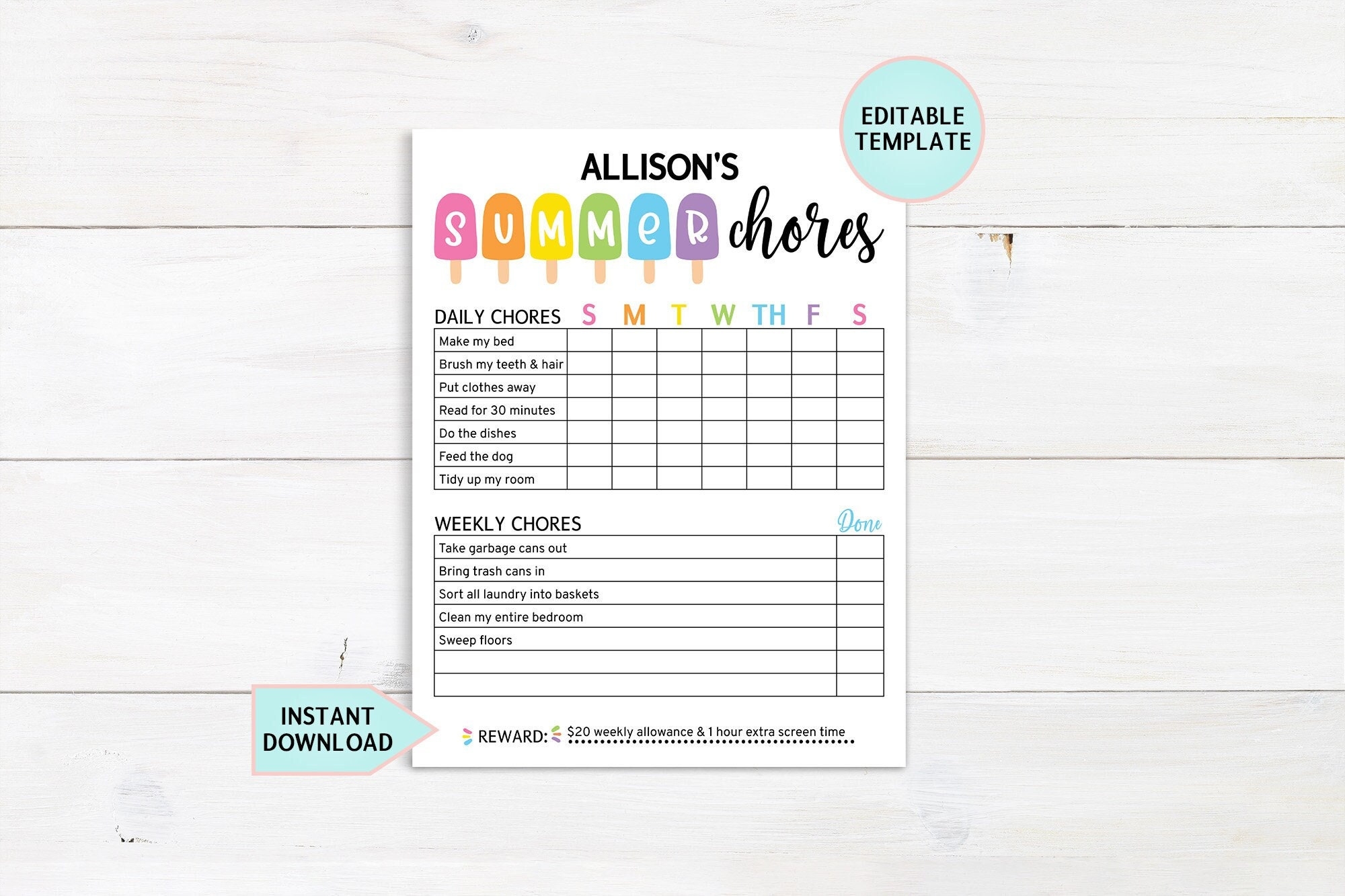 Editable Summer Chore Chart Printable Chore Chart For Kids Summer Routine Daily U0026 Weekly Kids Chore Responsibility Chart Instant Download Etsy
