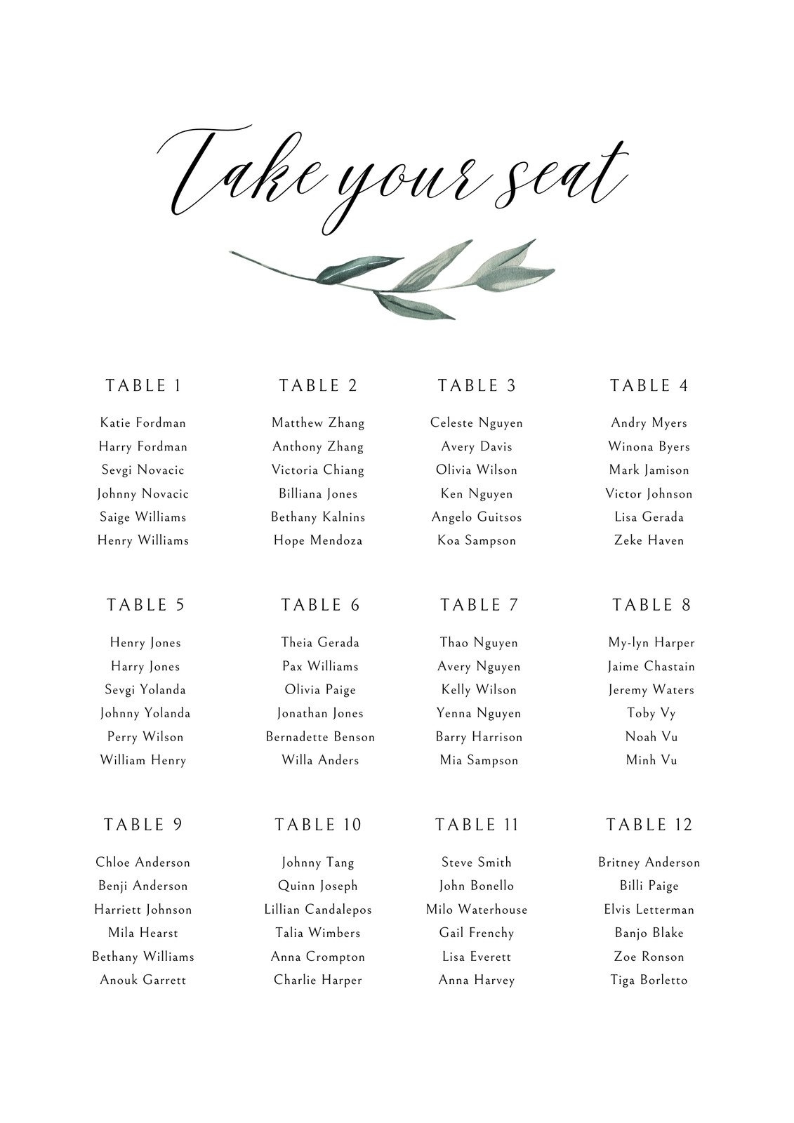 Printable Seating Chart