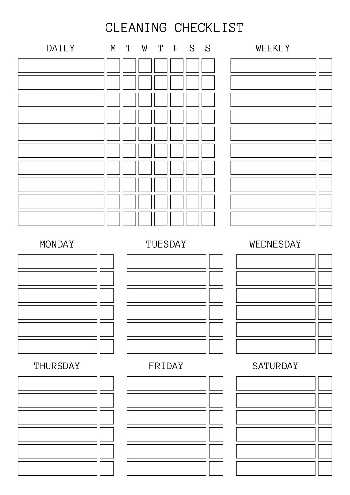 Weekly Cleaning Chart Printable