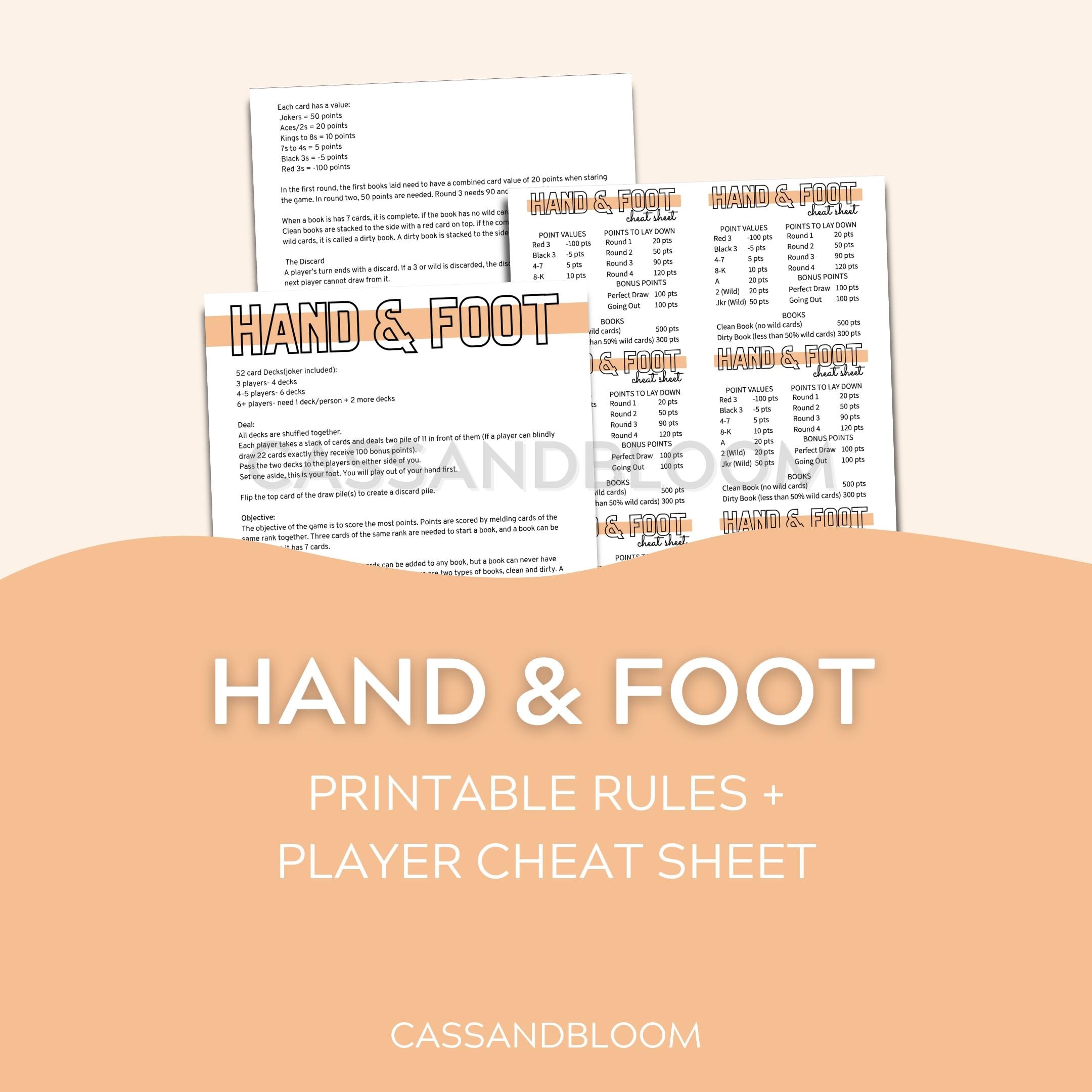 Hand U0026 Foot Rules Score Card Cheat Sheet Printable Etsy