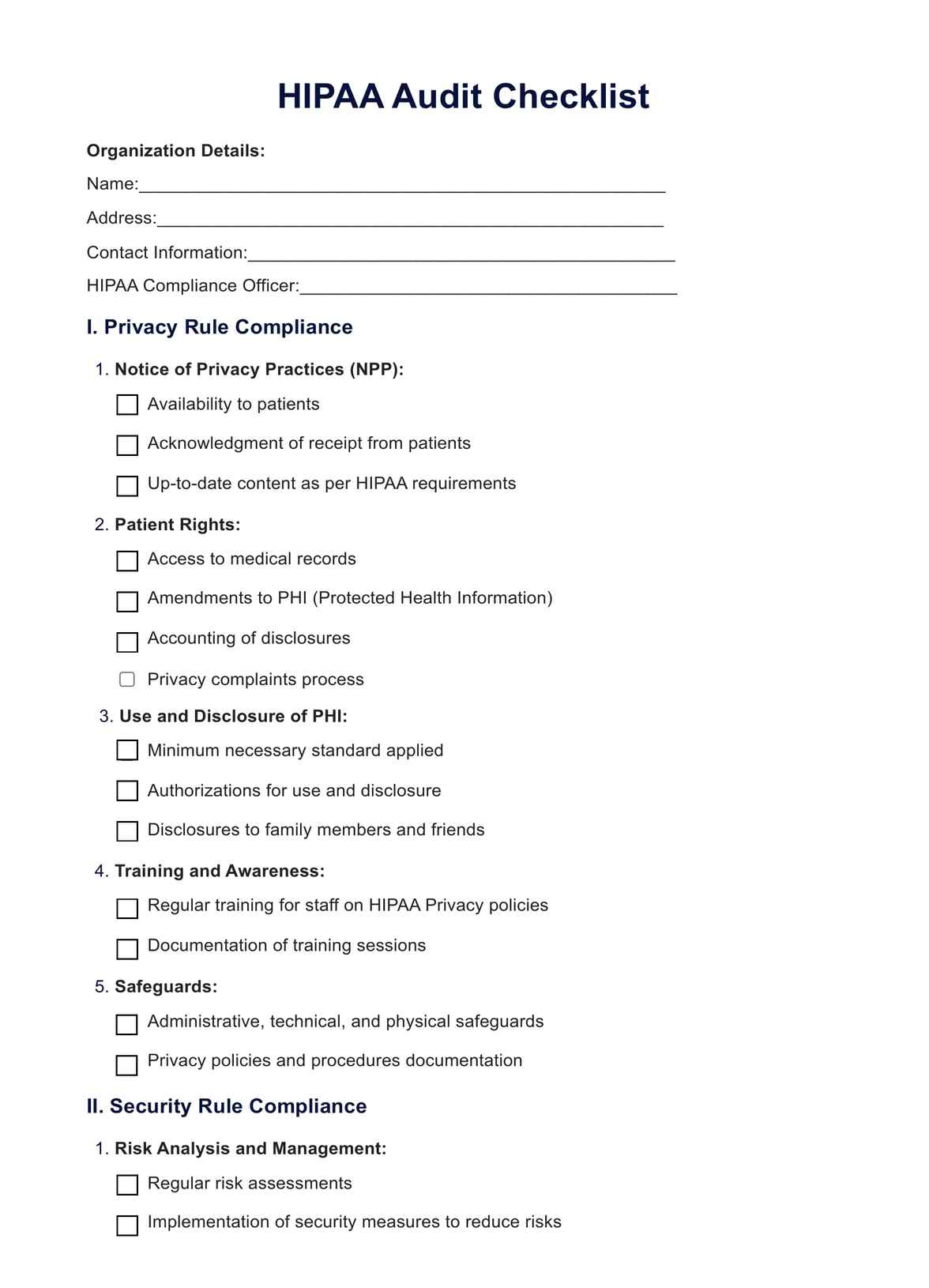 HIPAA Audit Checklist U0026 Example Free PDF Download