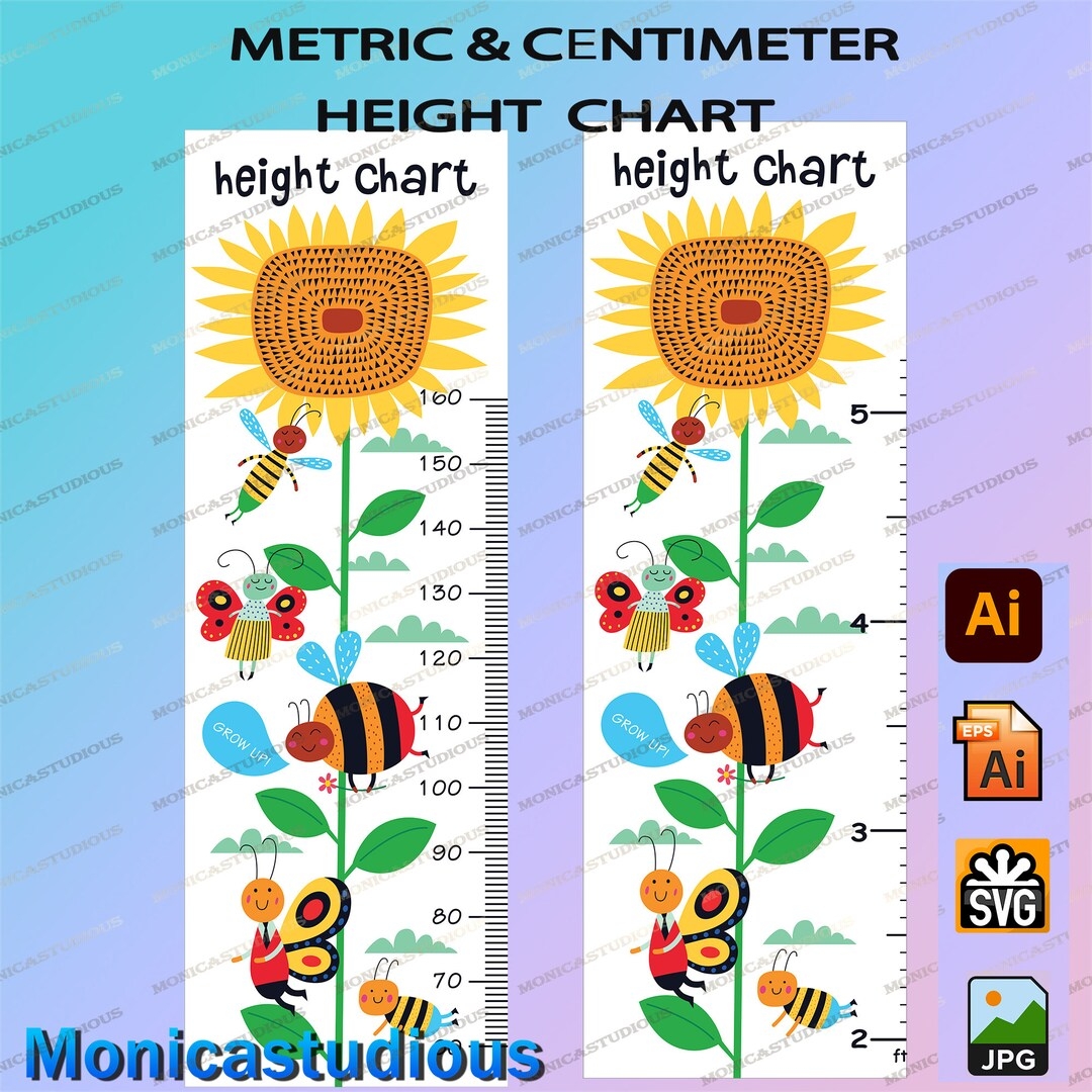 Kids Height Chart sunflower And Bee Growth Chart Digital Print cartoon Animals Height Chart Eps kids Growth Ruler metric centimeter Feet Etsy