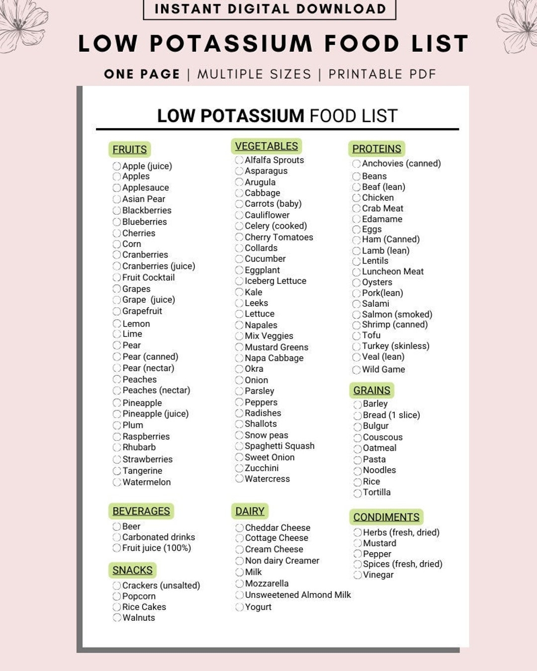 Low Potassium Food List Kidney Disease Renal Diet Chronic Illness Grocery List Shopping List Food Guide List Printable Food Journal Etsy
