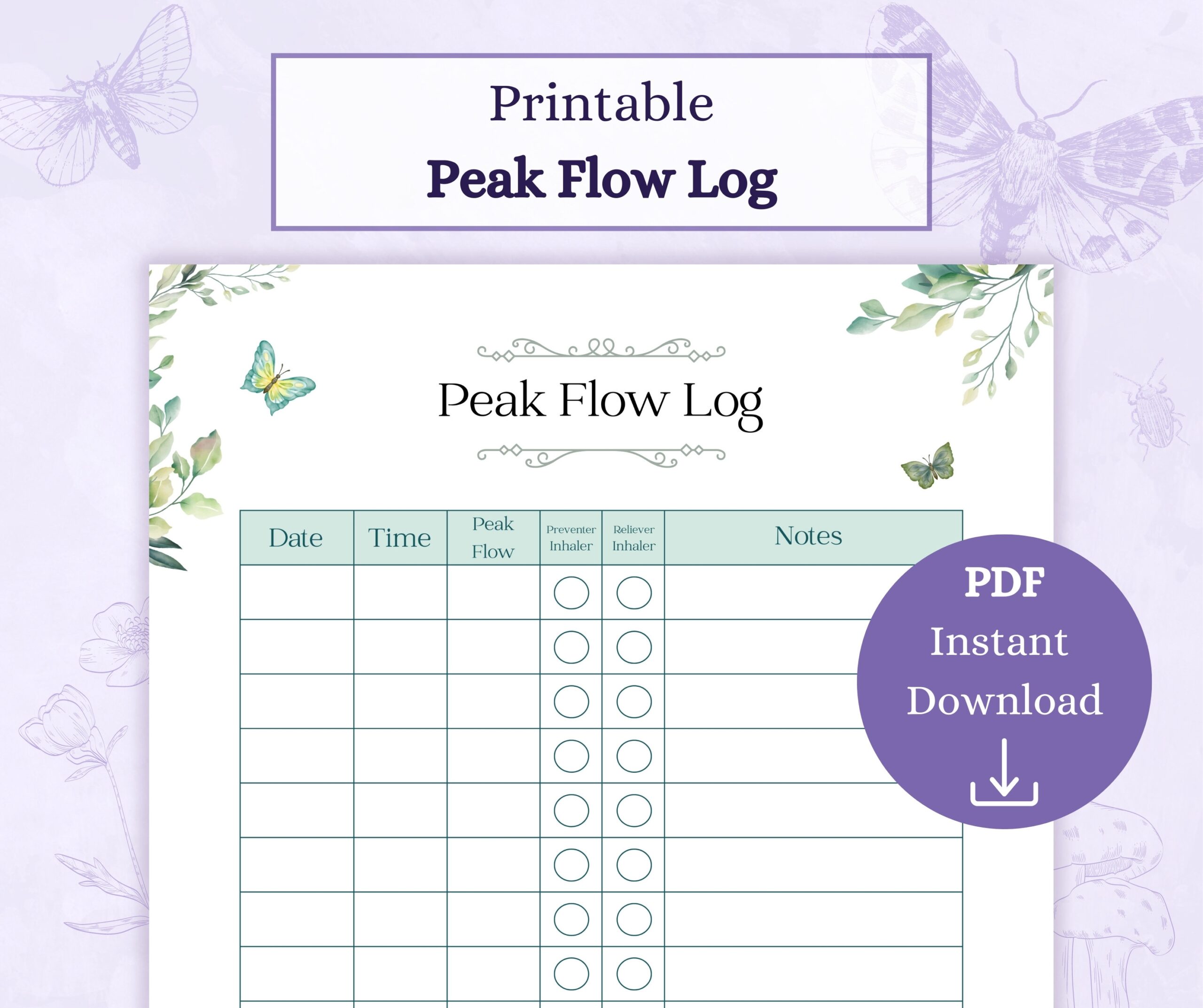 Peak Flow Log Printable PDF Peak Flow Chart Asthma Tracker 