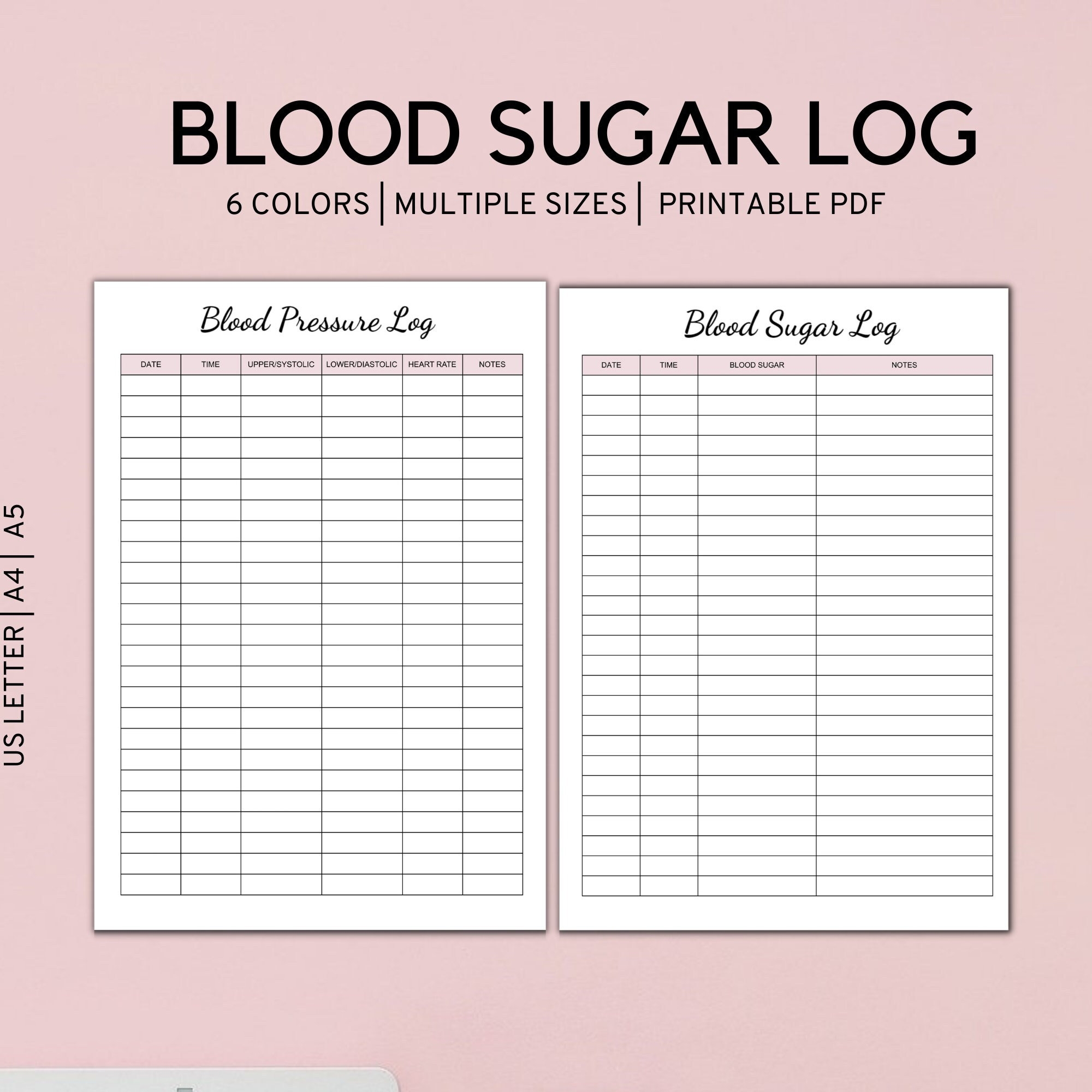 Printable Blood Sugar Log Blood Pressure Log Blood Sugar Log Diabetes Management Diabetic Planner A4 LETTER A5 Etsy