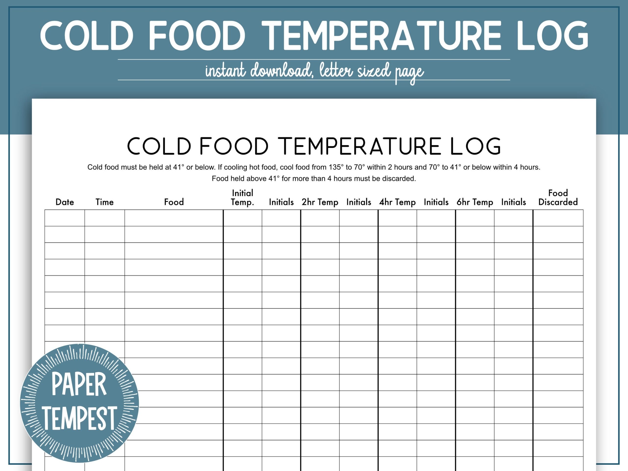 Printable Cold Food Temperature Log Cold Food Holding Temperature Chart Food Temperature Recording Chart Food Safety Log Etsy UK