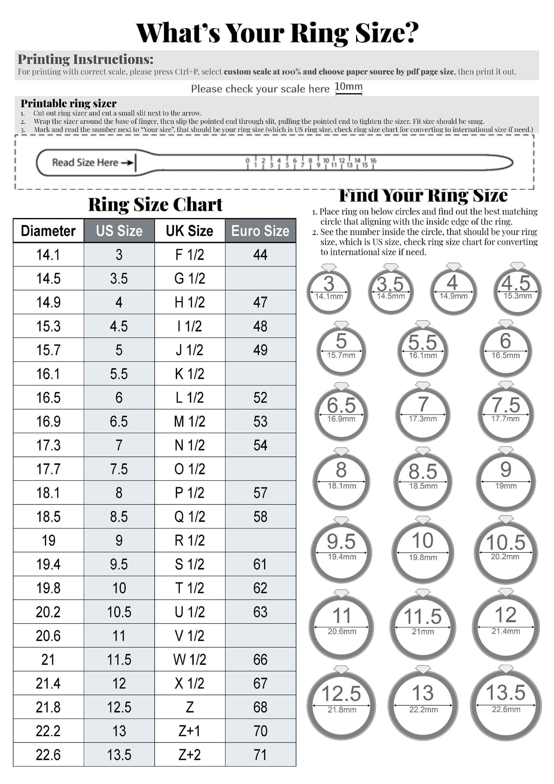 Printable Diamond Ring Sizer Ring Size Finder Ring Size 
