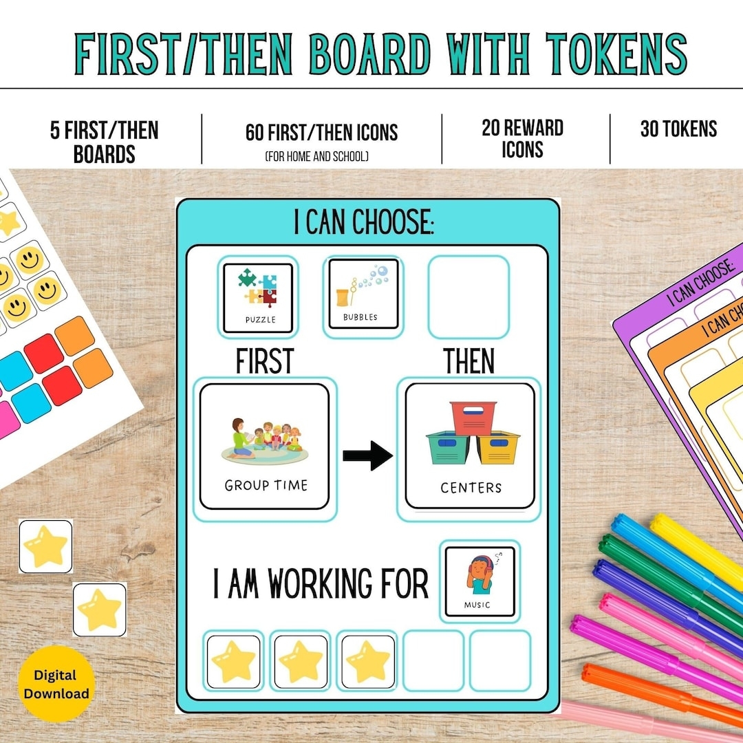 Printable First then Board Toolkit With Tokens Autism Visuals For Routines Rewards And Task Completion Now next Board Icons Etsy