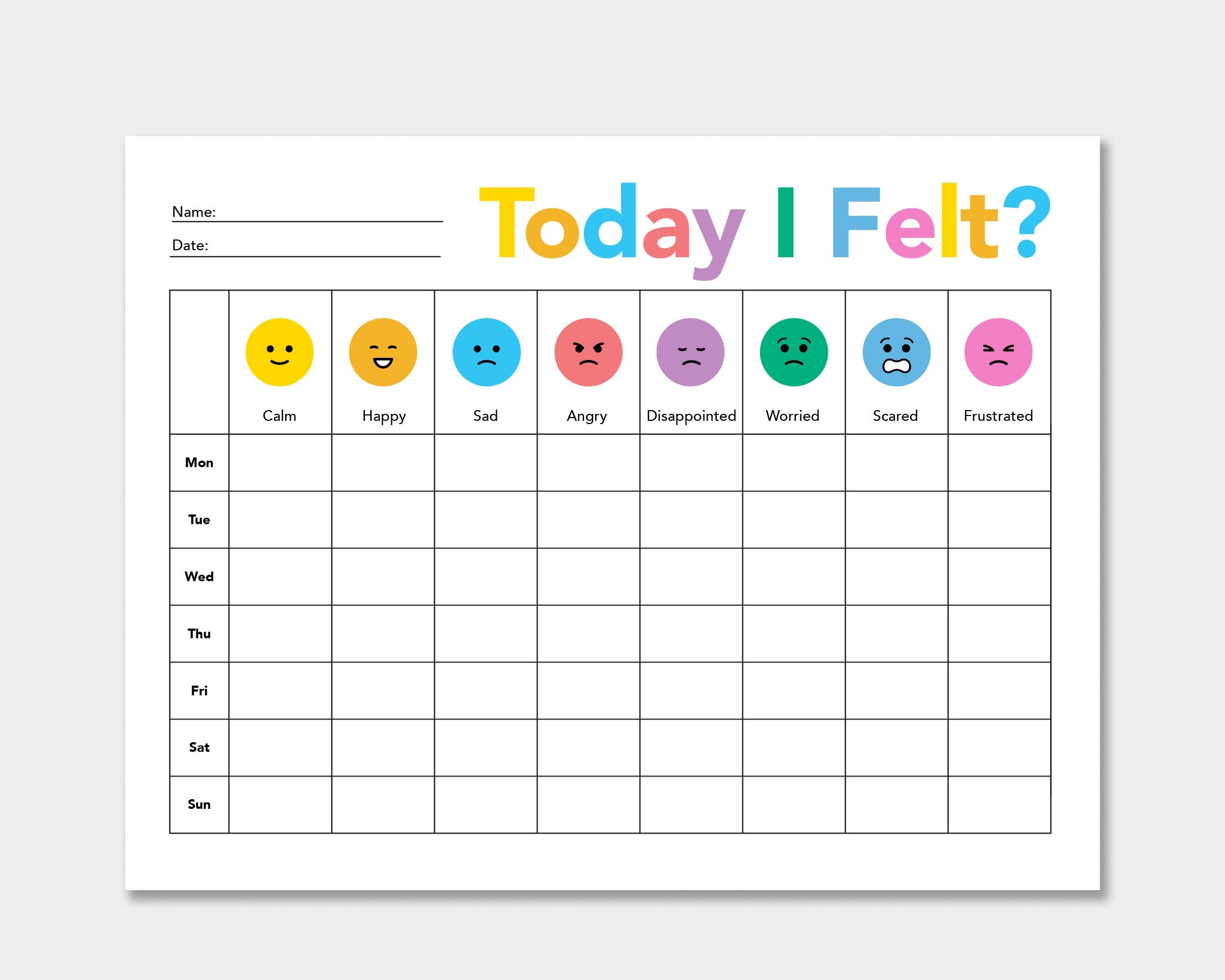 Printable Kids Simple Weekly Mood Tracker Feeling Tracker Colorful Mood Tracker