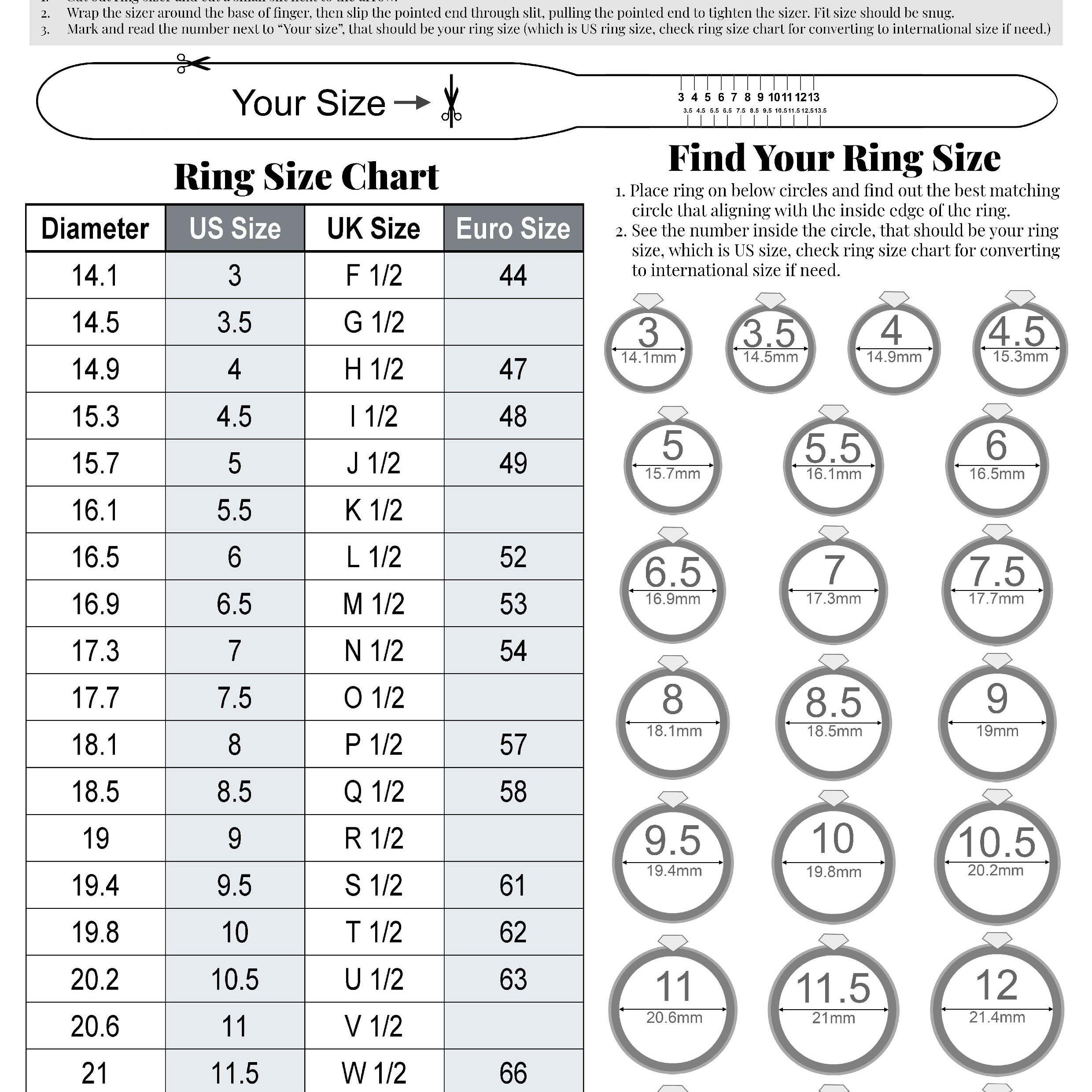 Printable Ring Sizer Ring Size Finder Ring Size Measuring Tool International Ring Size Chart Measure Ring Sizer
