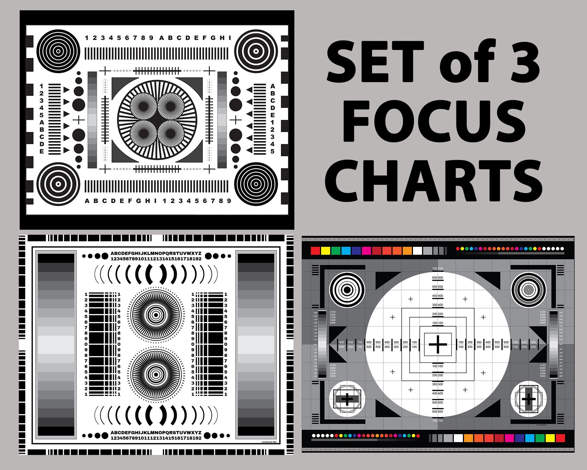 Set Of 3 Focus Charts For Photography Lens Test Digital Download 
