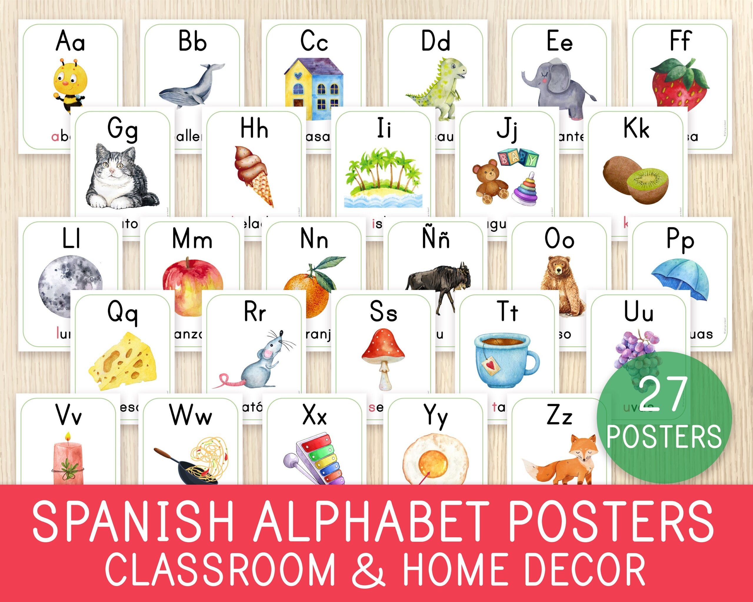 Spanish Alphabet Posters 27 Charts Preschool Kindergarten Classroom U0026 Home Decor Wall Art Spanish Letters Printable No Prep Etsy