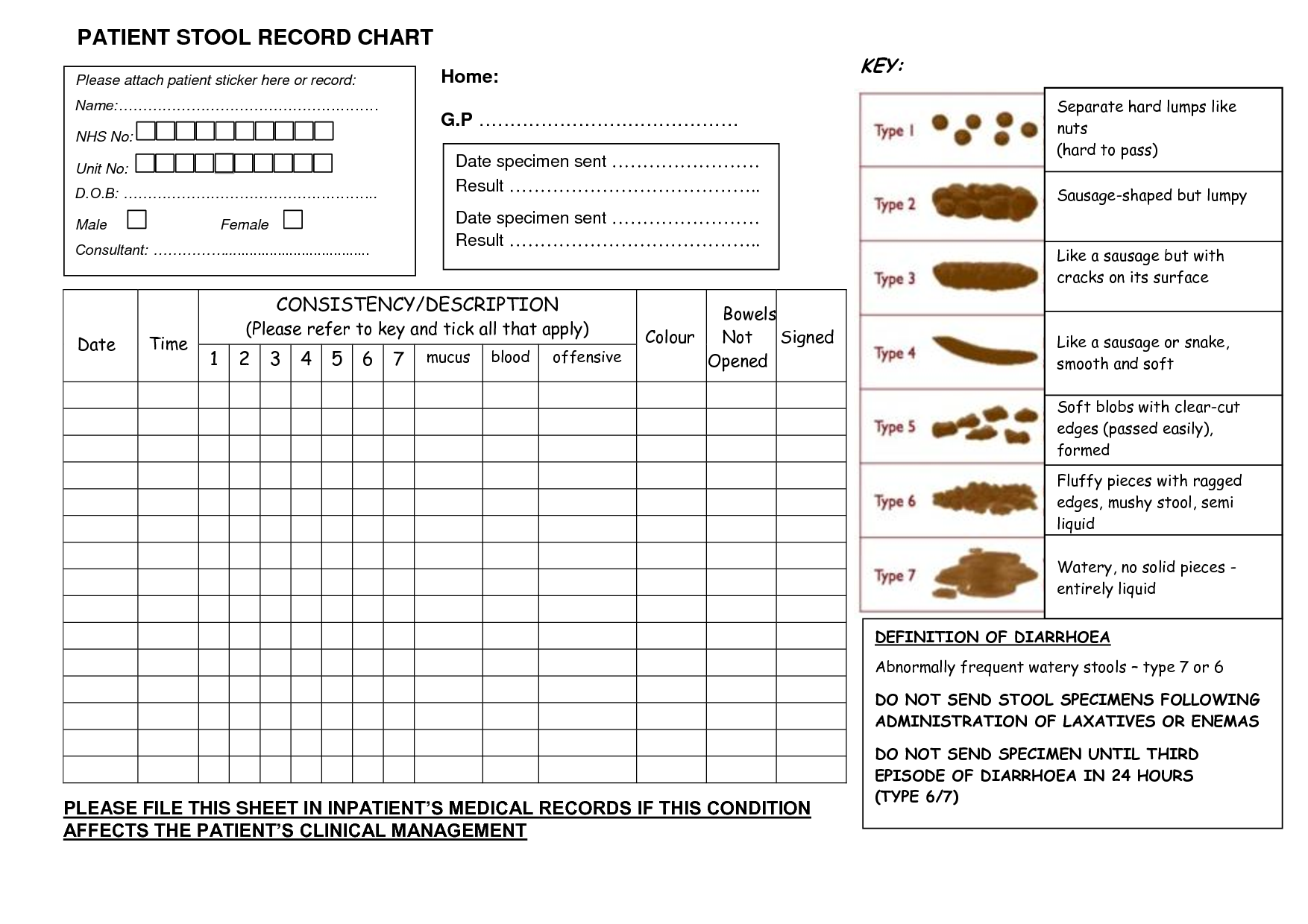 Stool Record Chart Bowel Movement Tracker