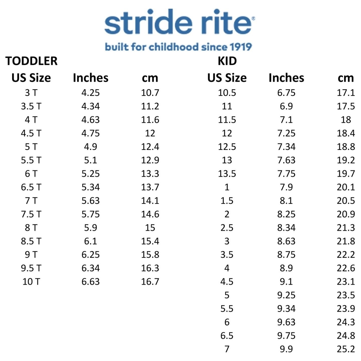 Stride Rite Size Chart Inches Online