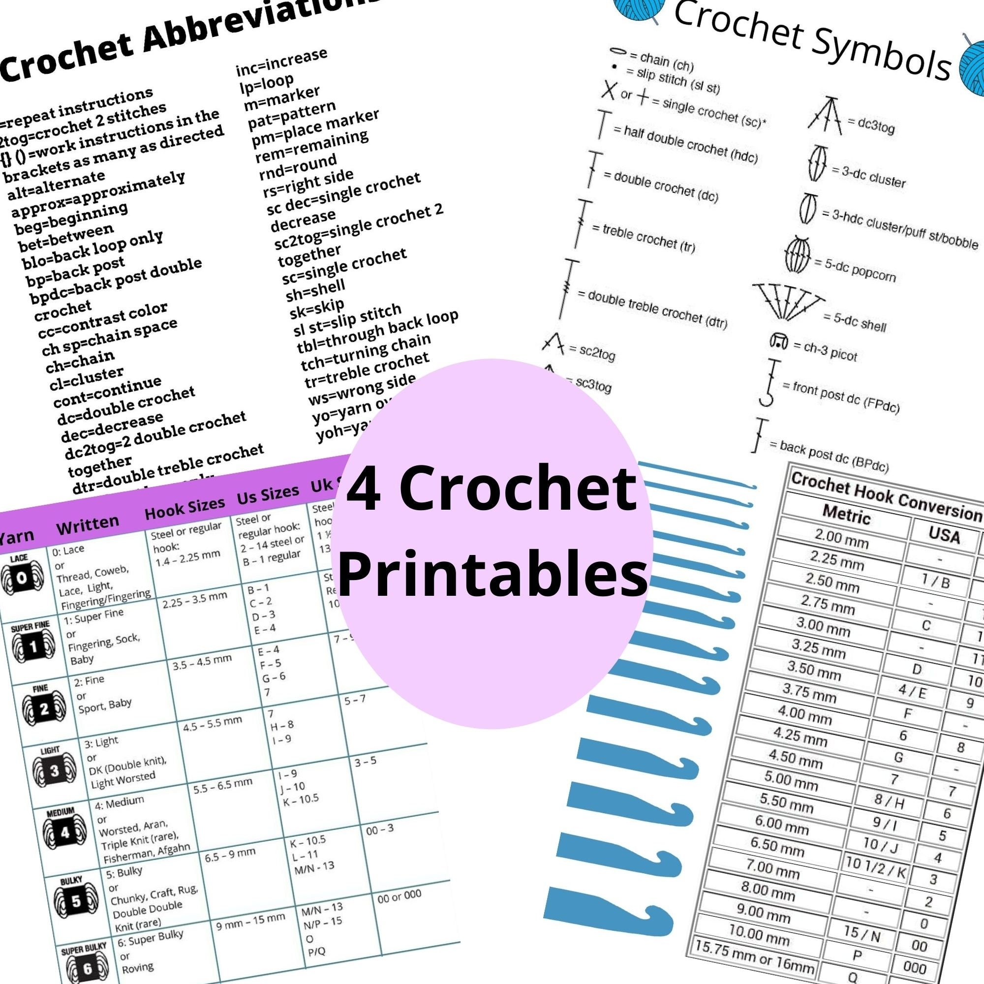 Ultimate Printable Crochet Charts Guide Hook Sizes Stitches Abbreviations Instant Download PDF