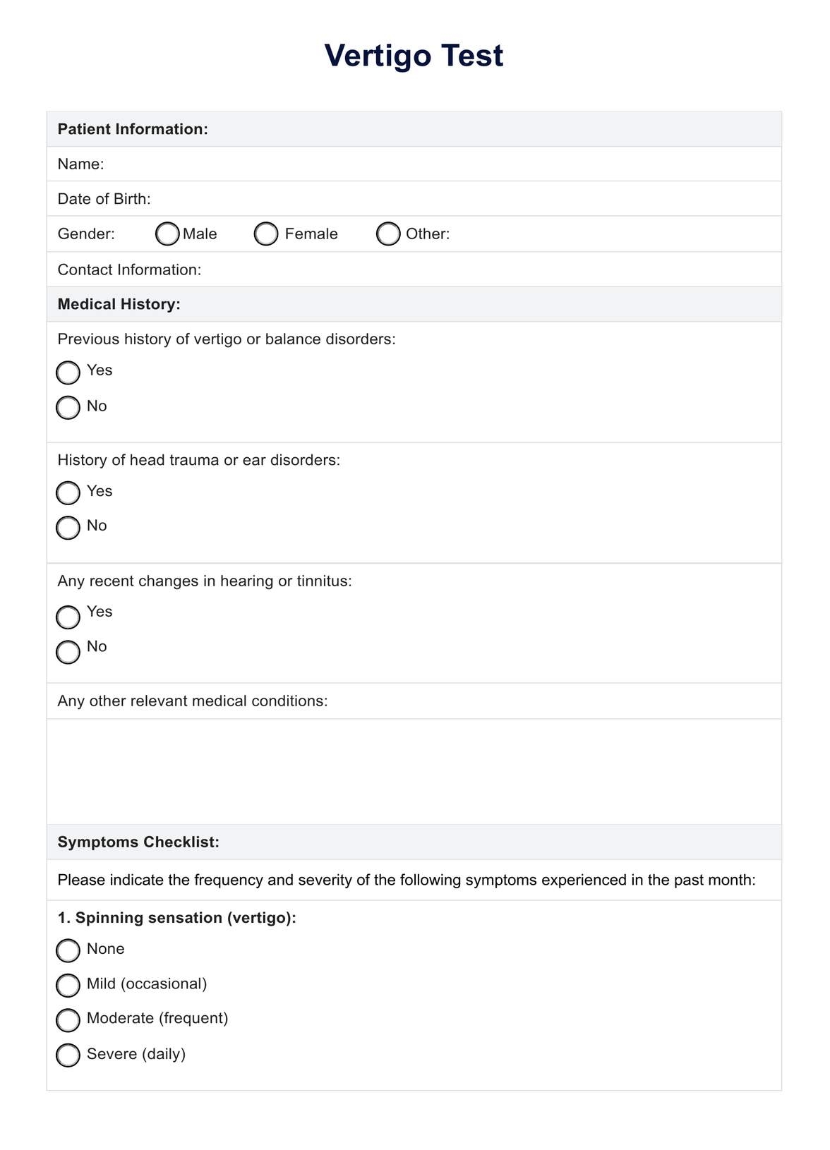Vertigo Test U0026 Example Free PDF Download