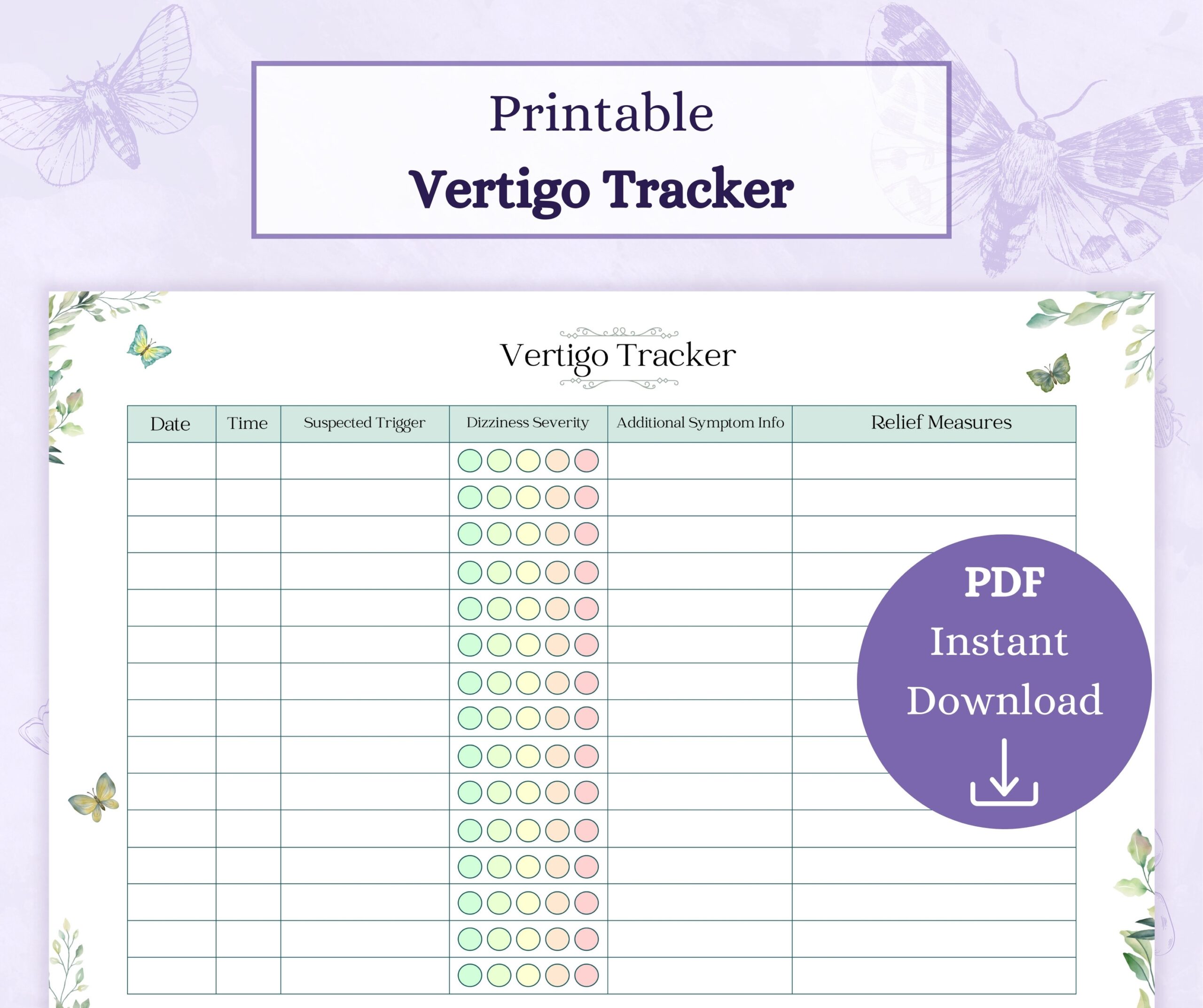 Vertigo Tracker Printable PDF Symptom Tracker Vertigo Log 
