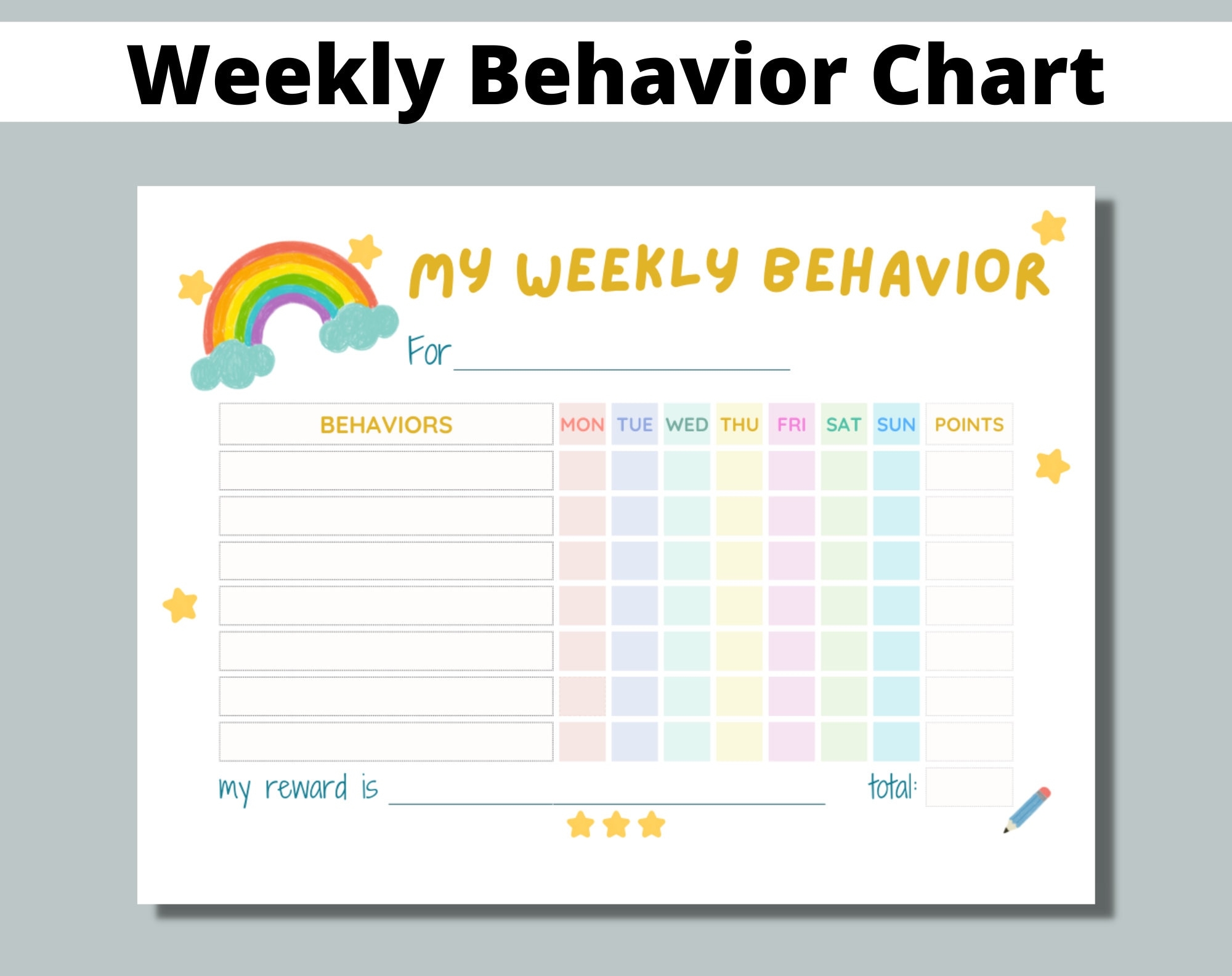 Weekly Behavior Chart Printable For Kids Students Classroom Preschool Kindergarten Home Editable Points Reward Chart Sticker Chart