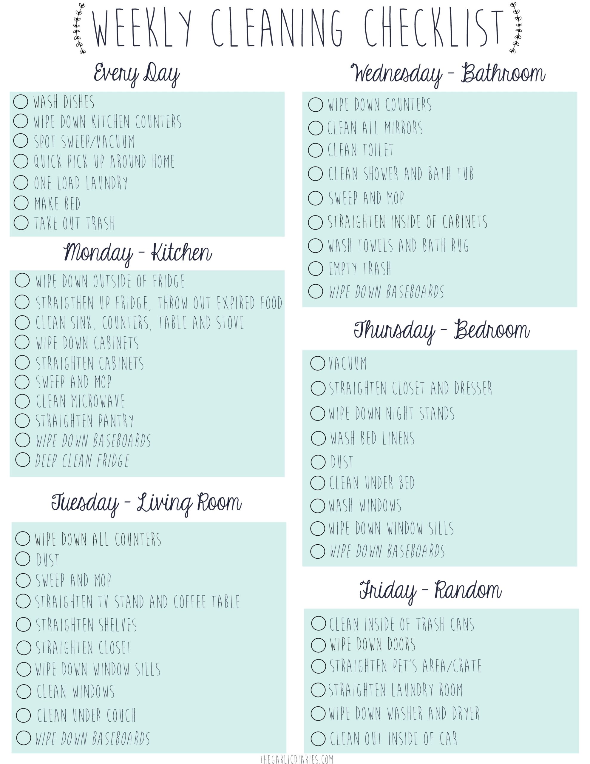 Weekly Cleaning Checklist with Free Downloadable 
