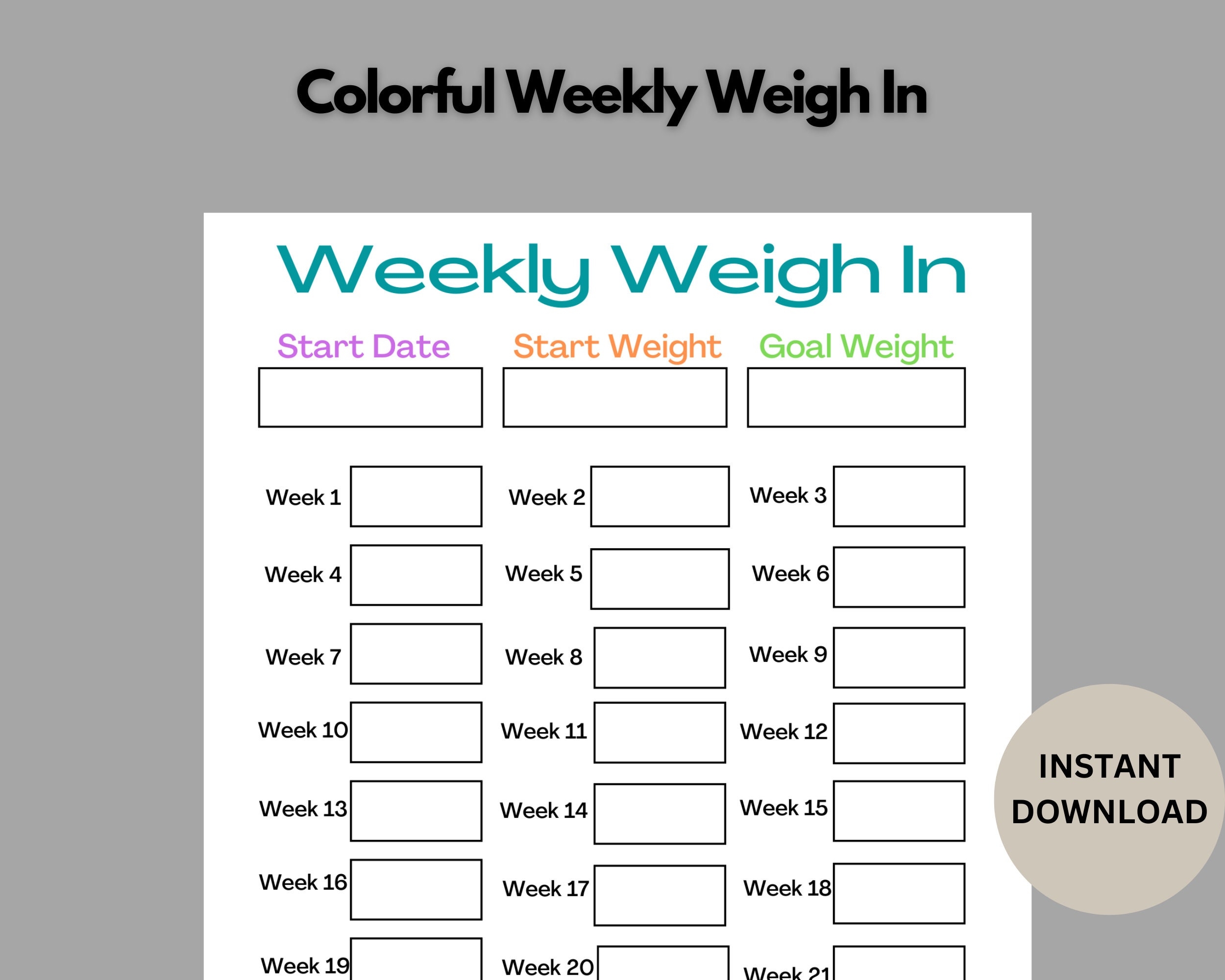 Weekly Weigh In Printable Colorful Weekly Weight Loss Tracker 