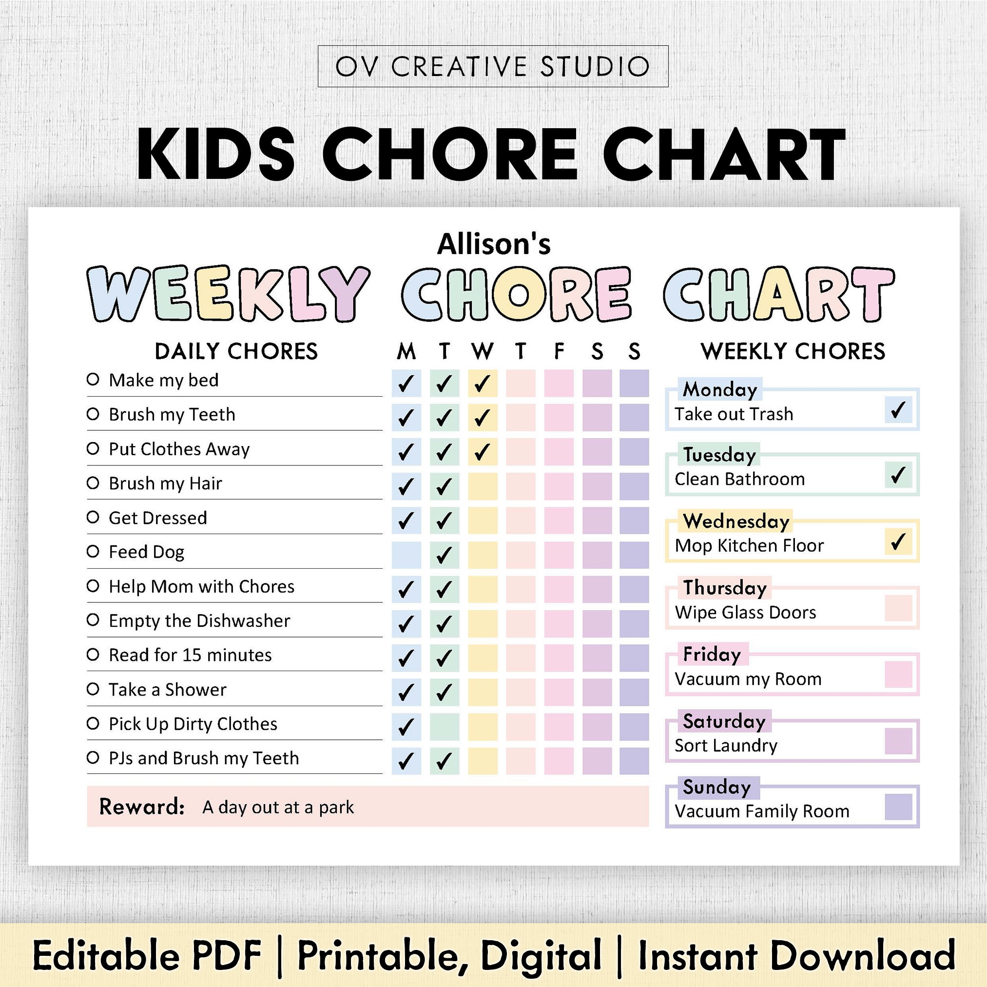 Editable Chore Chart For Kids Printable Kids Daily Weekly Responsibility Chart Kids Chore List Kids Daily Routine Checklist PDF Etsy