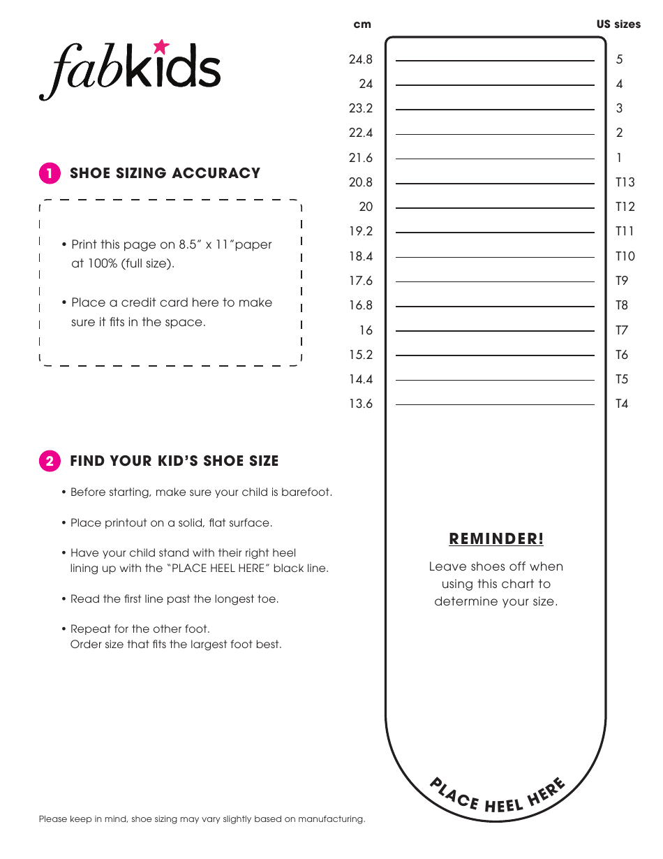 Printable Childrens Shoe Size Chart