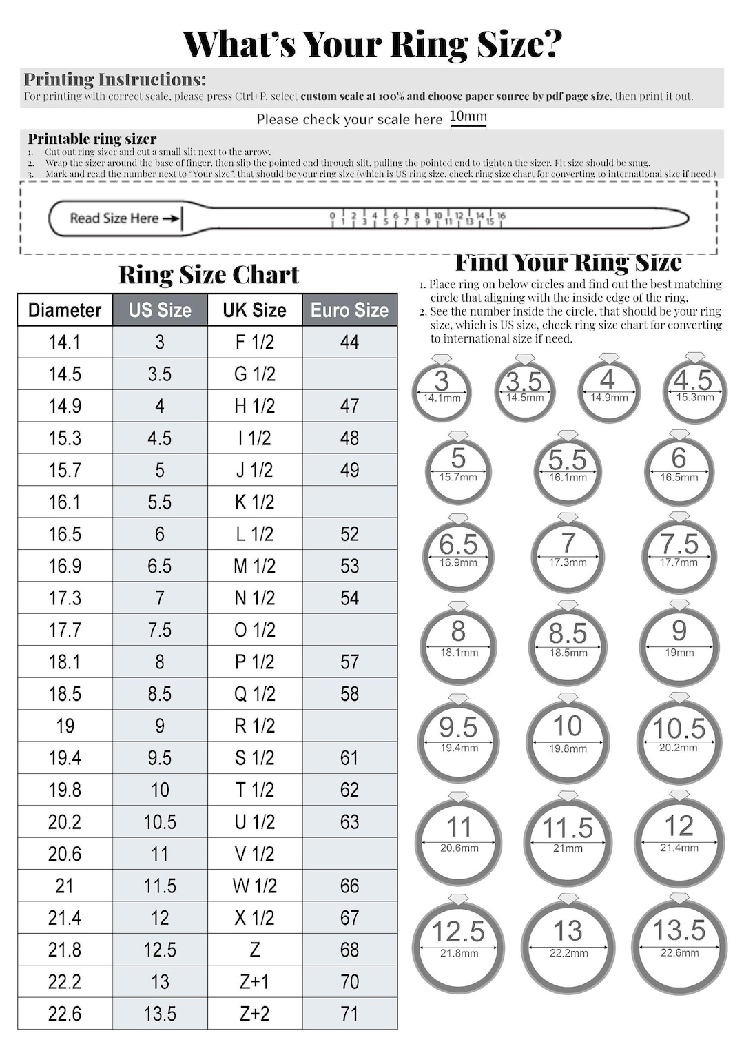 Printable Diamond Ring Sizer Ring Size Finder Ring Size Measure International Ring Size Chart Ring Sizer Tool Instant Easy Download Etsy
