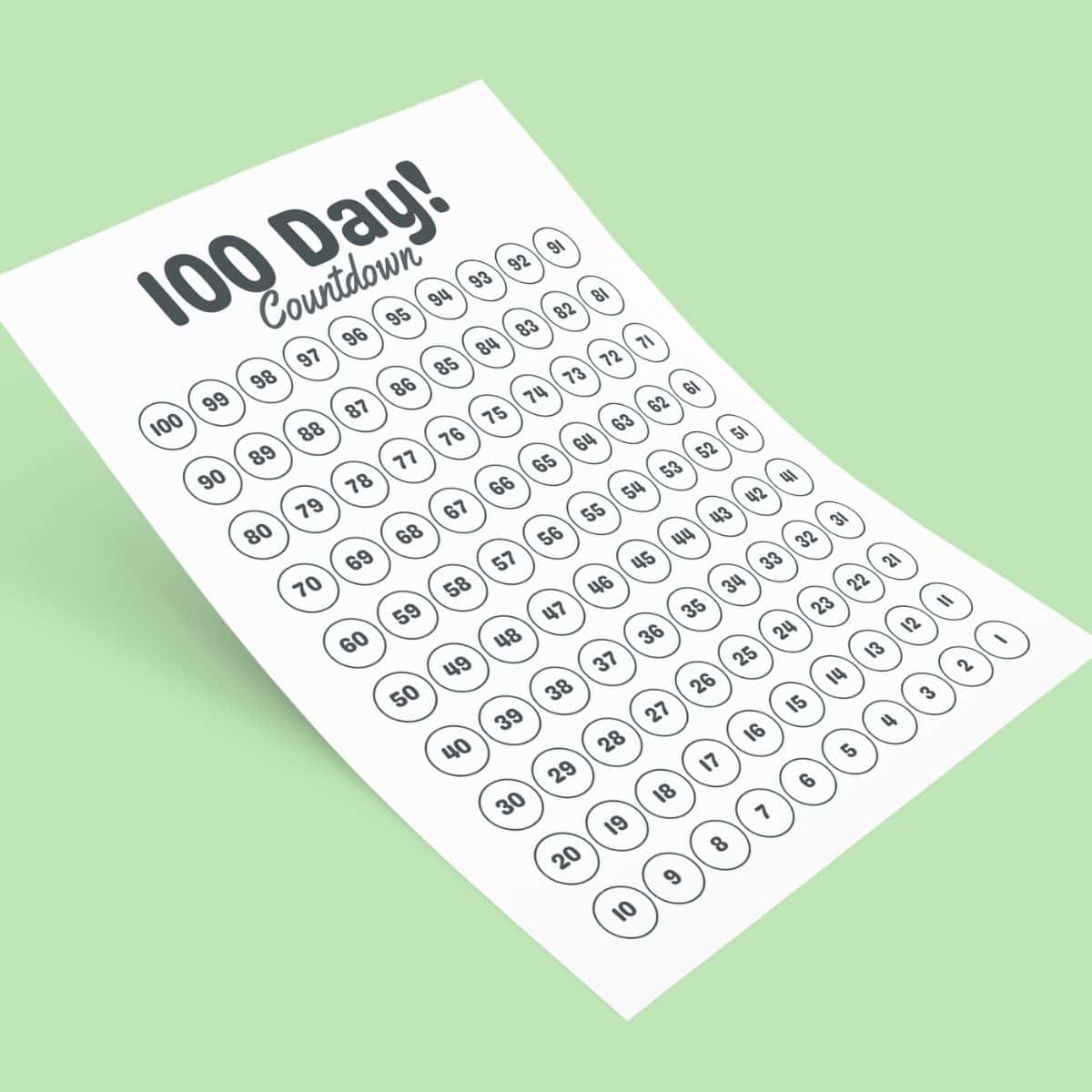 100 Day Countdown Calendar Printable FREE PDF