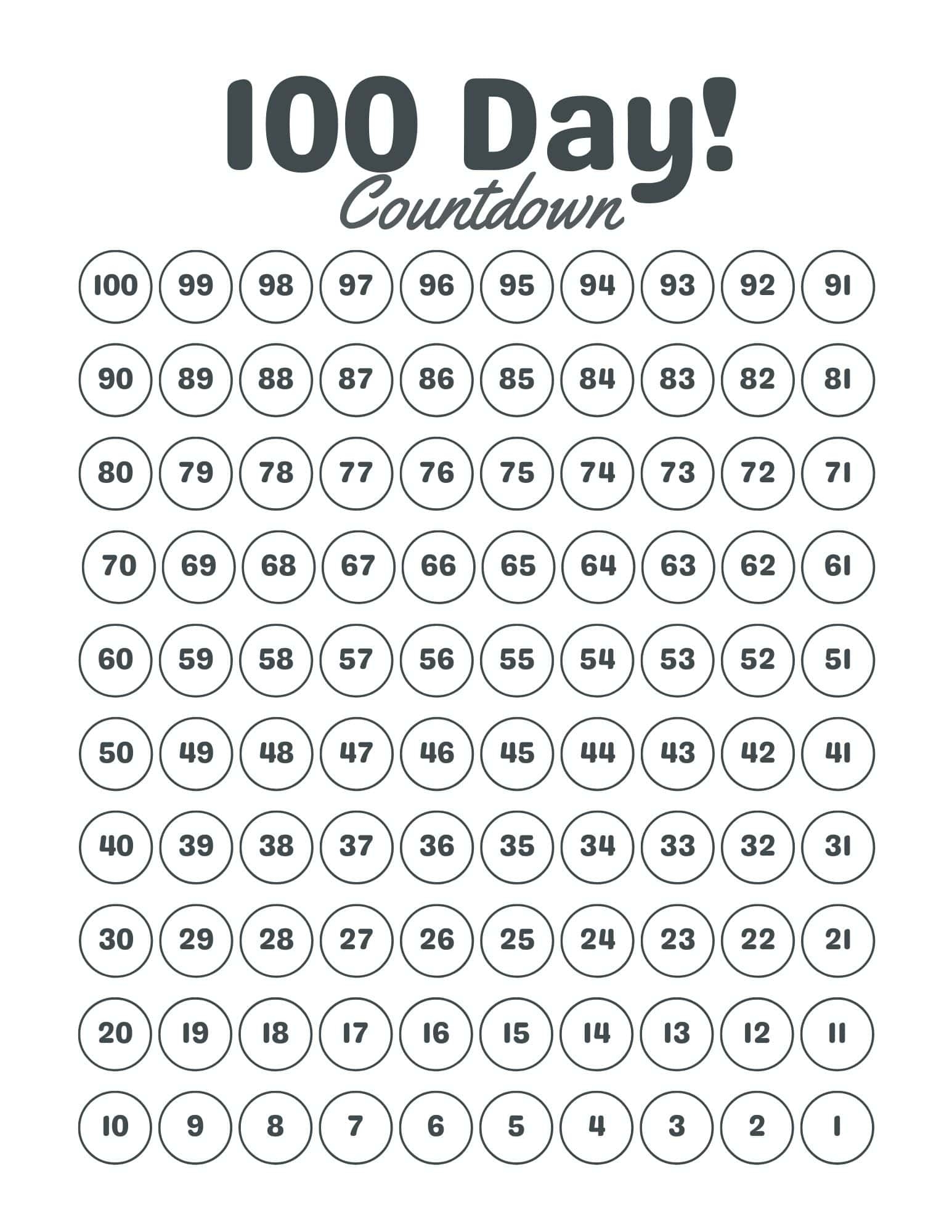 100 Day Countdown Calendar Printable FREE PDF 100 Day Countdown Calendar Printable FREE PDF