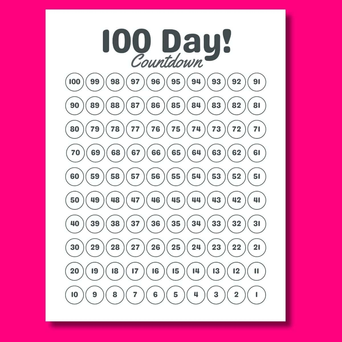 100 Day Countdown Calendar Printable FREE PDF 100 Day Countdown Calendar Printable FREE PDF