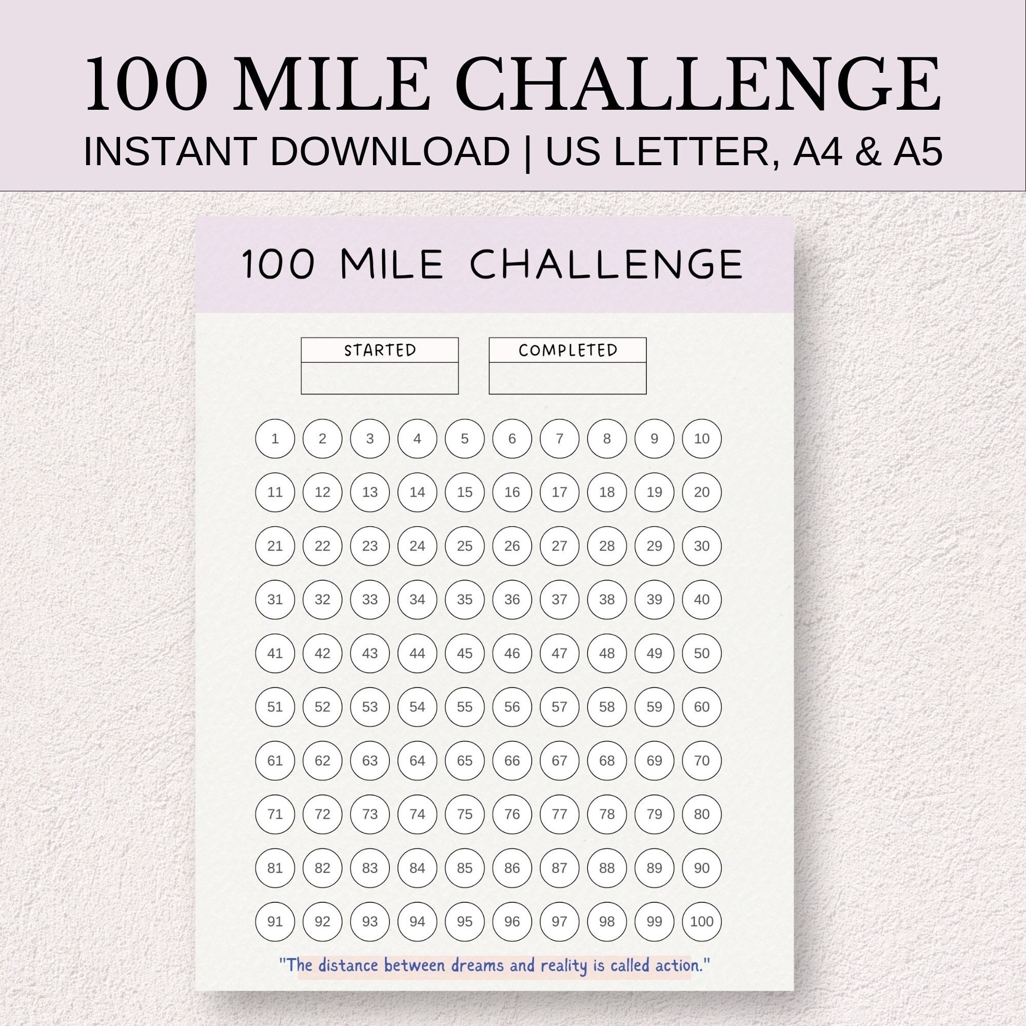100 Mile Challenge Tracker Printable Fitness Goal Planner digital Download Etsy