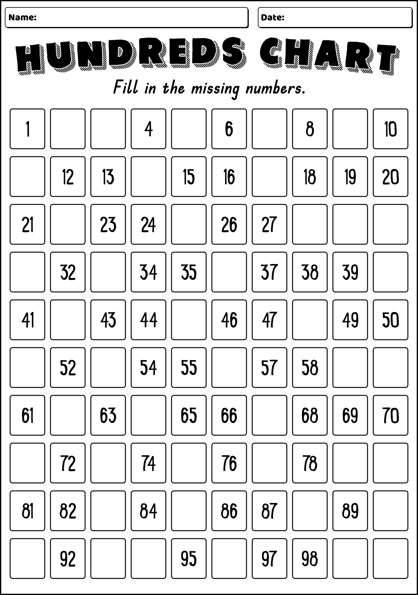 Hundreds Chart Missing Numbers Printables