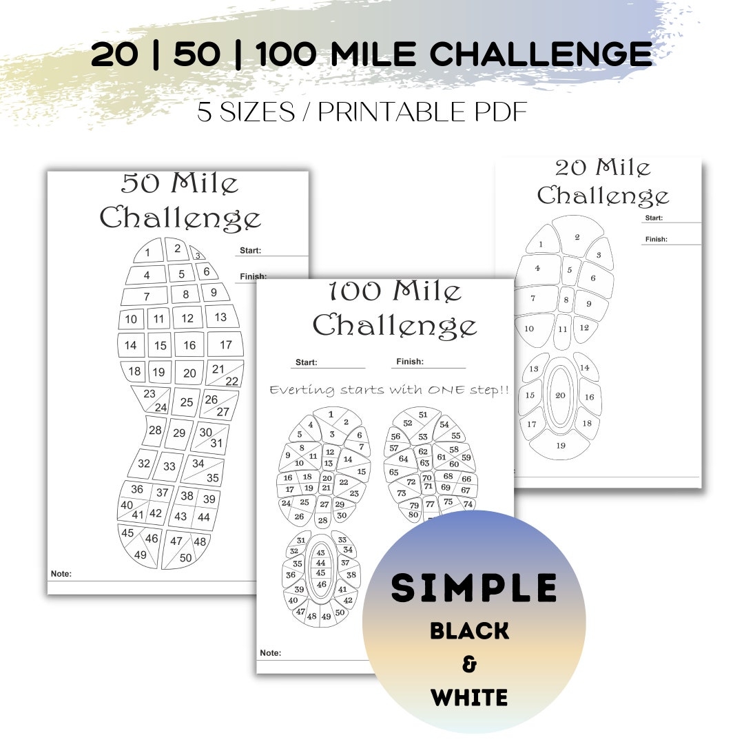 20 50 100 Mile Challenge Tracker Printable Fitness PDF a4 a5 letter Etsy