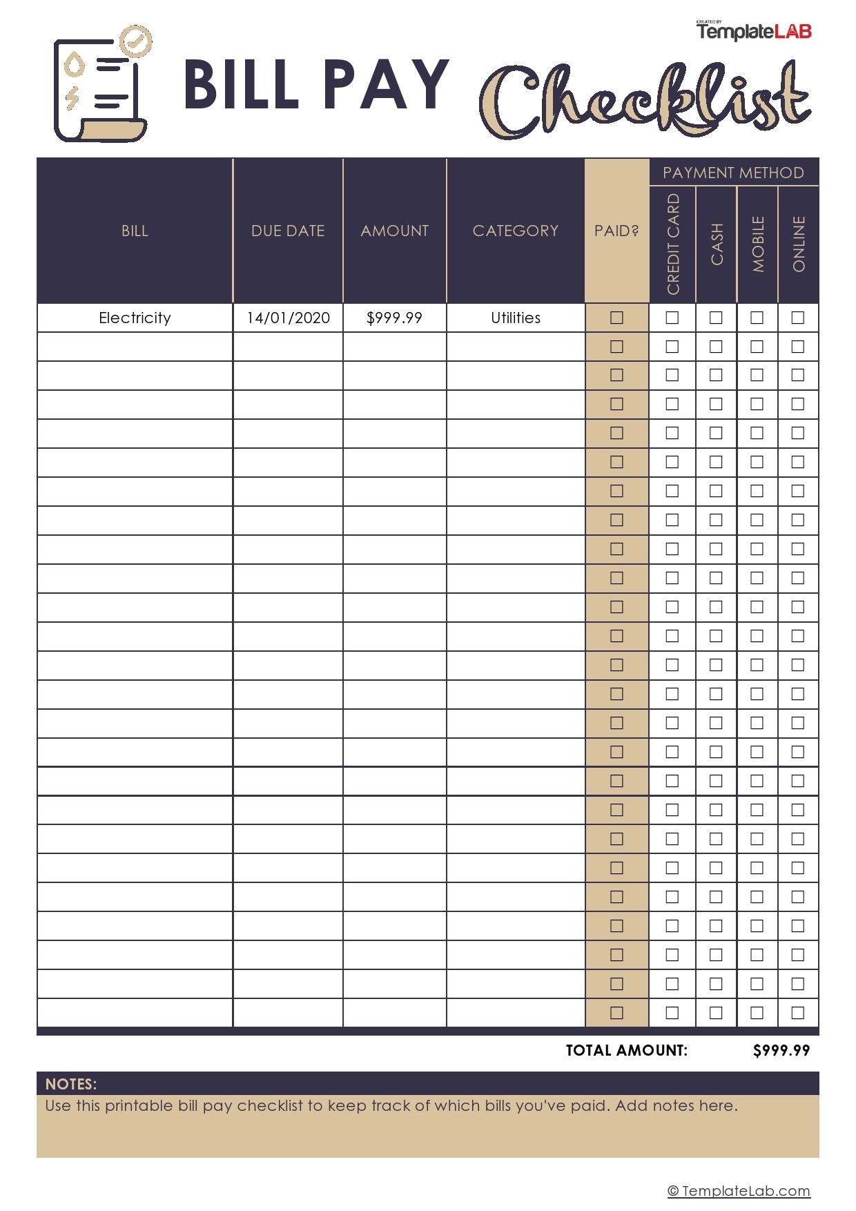 Bill Chart Printable