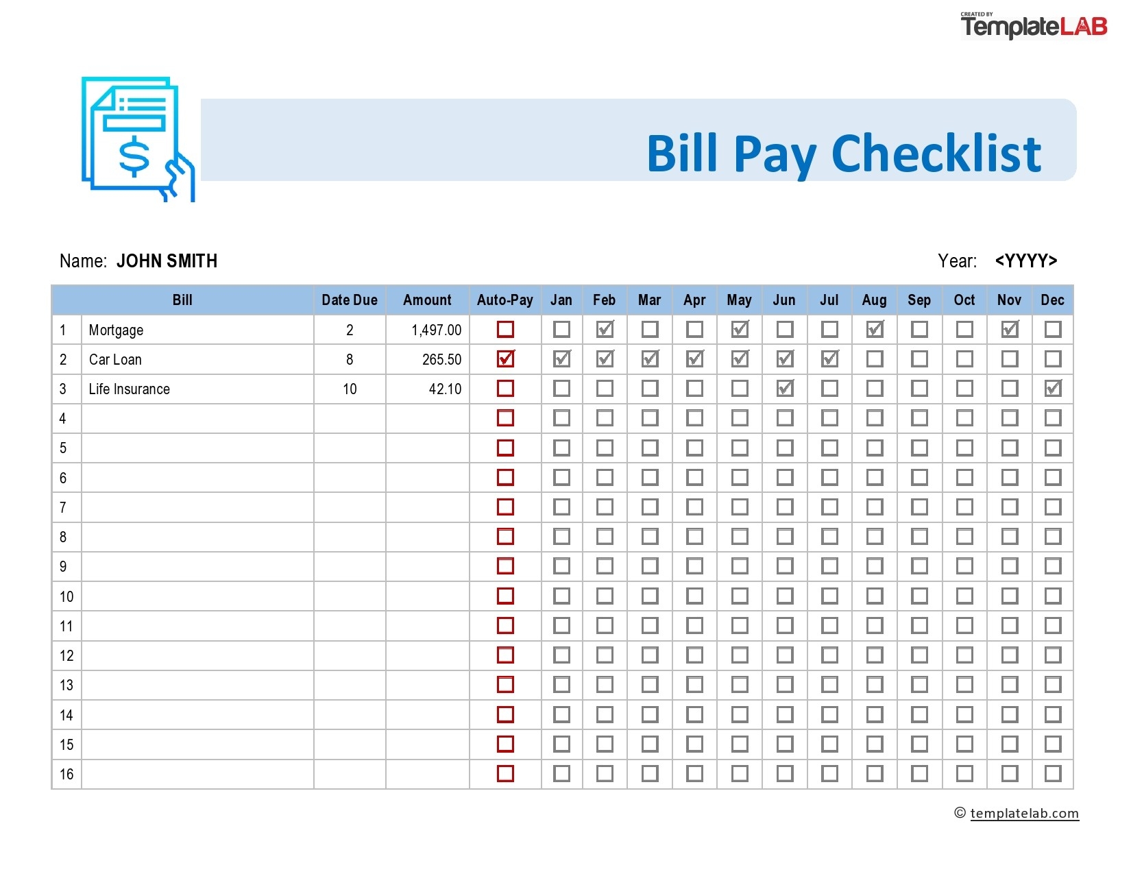 Free Printable Bill Payment Chart
