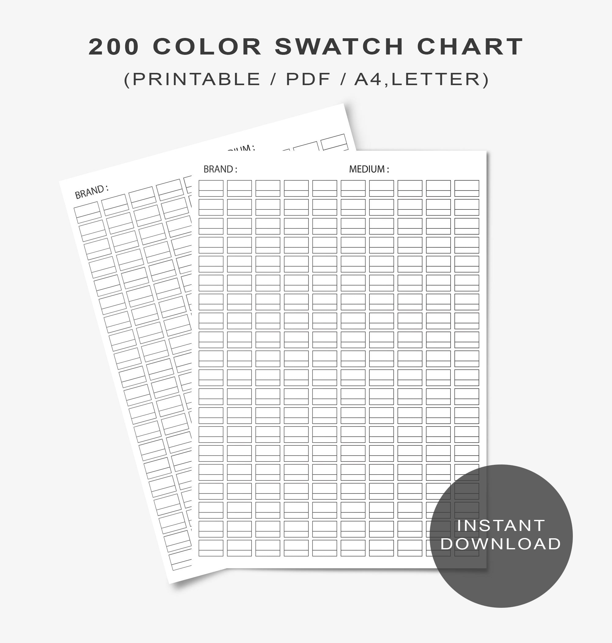 200 Color Swatch Chart Printable PDF Color Swatch Template For 200 Colors Alcohol Markers Color Pencils Gel Pens Watercolor Pastel Etsy