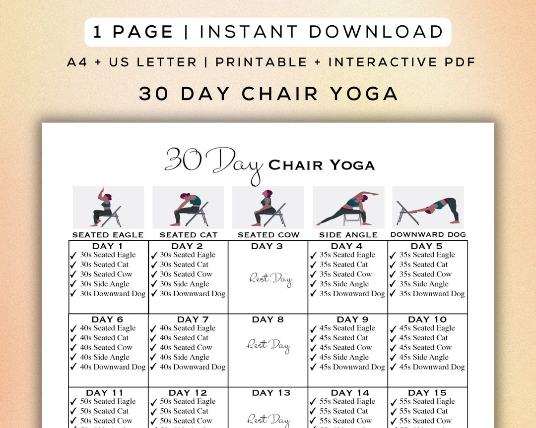 30 Day Chair Yoga Flow Printable Interactive PDF Easy To Follow Poses Beginner Friendly Workout Digital Gym Guide A4 US Letter Etsy